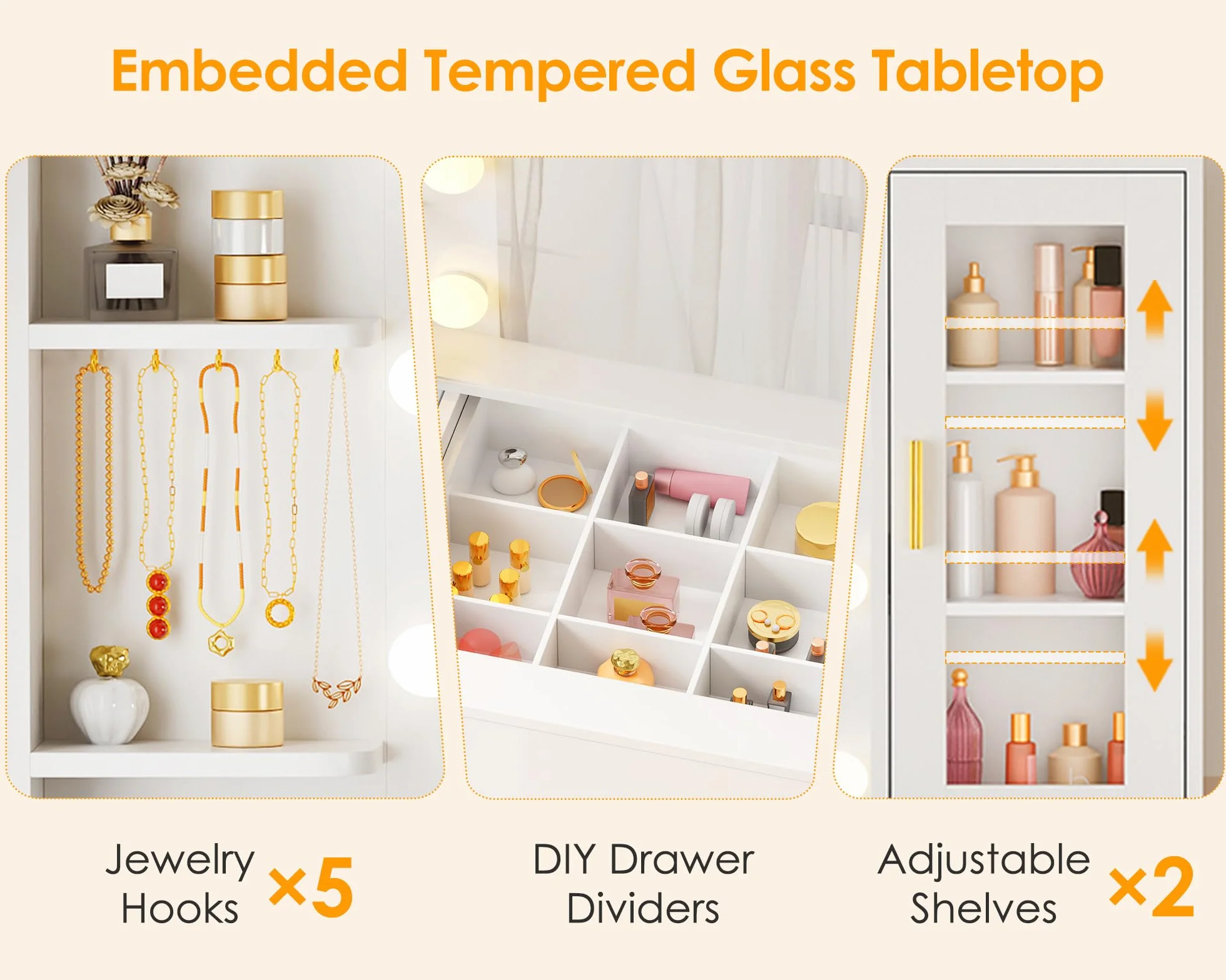 ANWBROAD Grande Tocador con Espejo y Luces LED Regulables Tocador de Maquillaje con Vidrio y Enchufes,Mesa de Maquillaje con 8 cajones 3 estantes Abiertos y 5 Ganchos para Joyas Moderno Blanco BDT88W