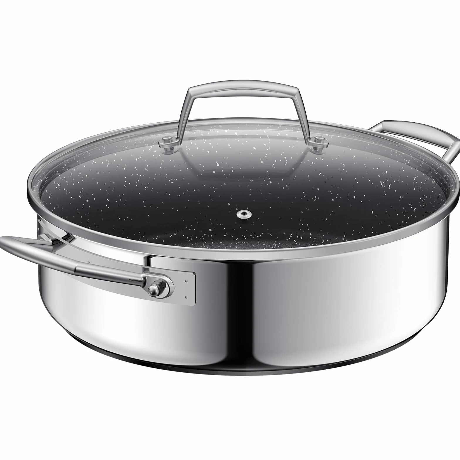 BEZIA Cacerola Baja Inducción 5.2 L Acero Inoxidable 18/10 Tapa Cristal | Bordes altos, todo tipo de cocinas, horno, Cerámica antiadherente sin PTFE, ideal para guisar, freír, asar y cocinar a diario