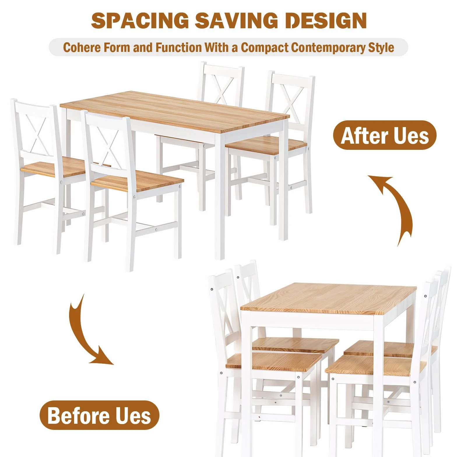 sogesfurniture Juego de comedor de 5 piezas, con mesa de comedor, 108 x 65 x 73 cm, y 4 sillas, rectangular, para salón, comedor, color blanco y teca (10QDLC)