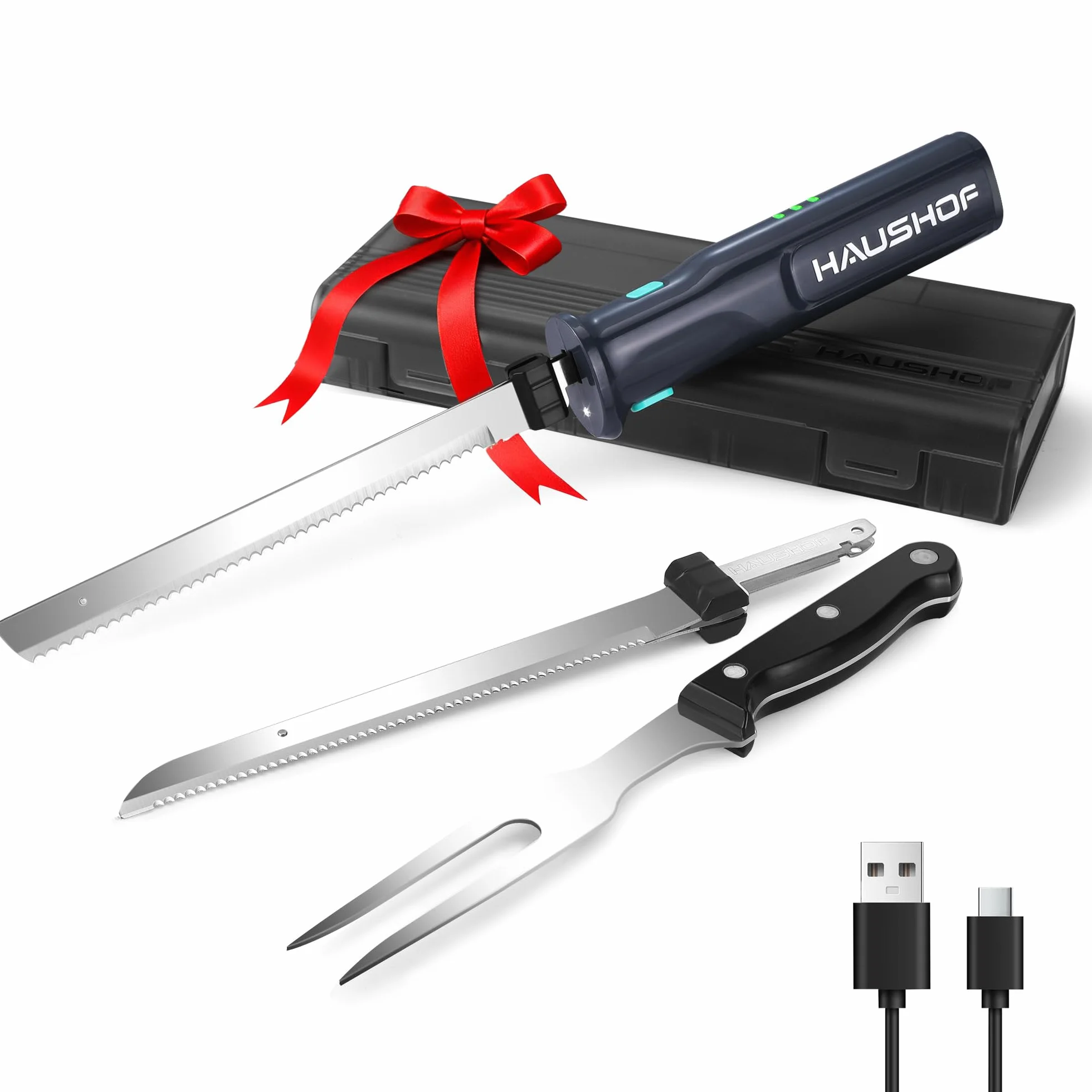 HAUSHOF Cuchillo Eléctrico 8V - Cuchillo de Cocina Inalámbrico, 2 Hojas de Acero Inoxidable, Tenedor Incluido, Apto para Lavavajillas, con Caja de Almacenamiento, Ideal para Carne, Pan, Jamón y Queso