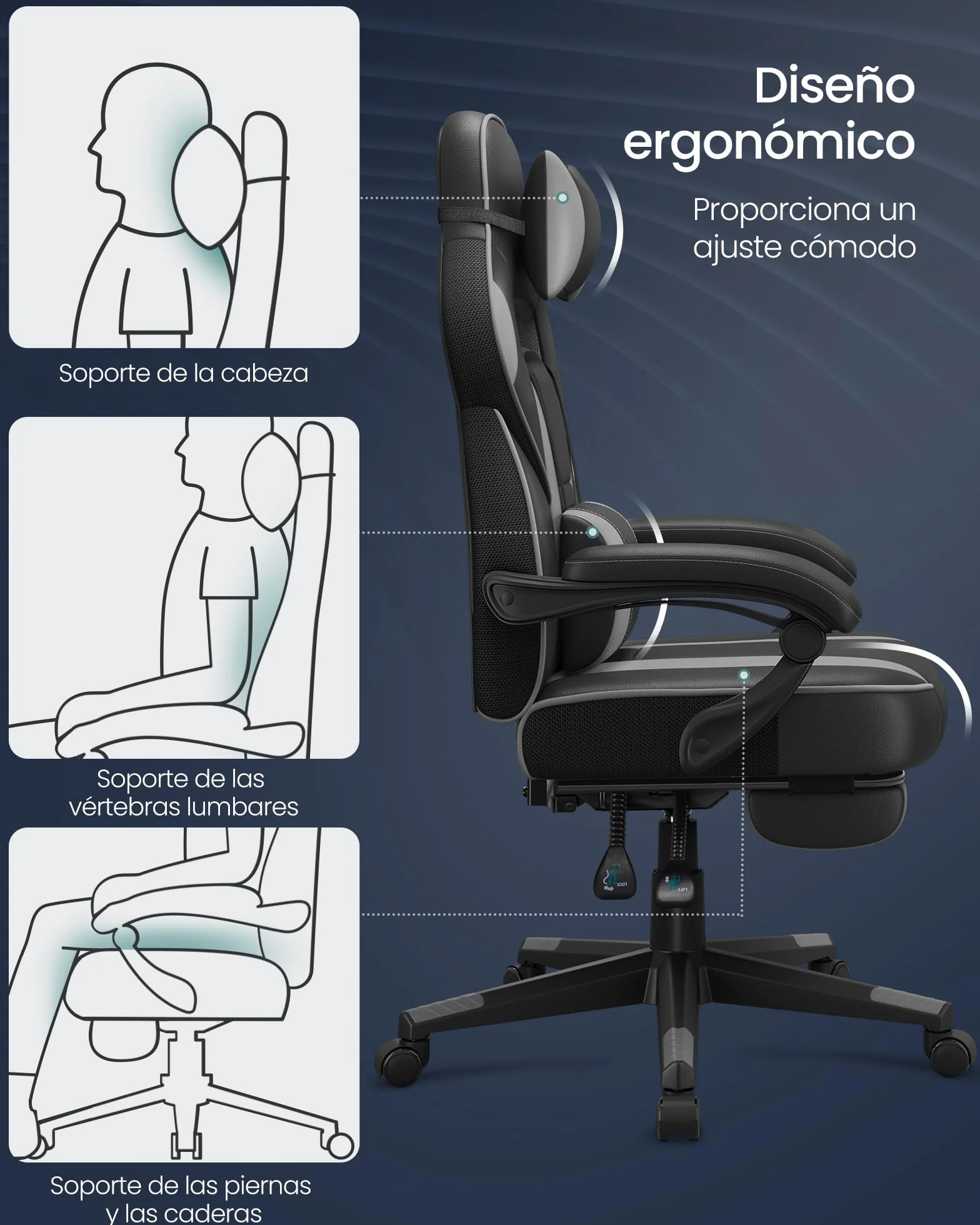 SONGMICS Silla de Oficina, Silla Gaming Ergonómica, con Reposapiés Telescópico, Respaldo Ajustable, Reposacabezas y Soporte Lumbar, Carga de 150 kg, Negro Tinta y Gris Paloma OBG073B03