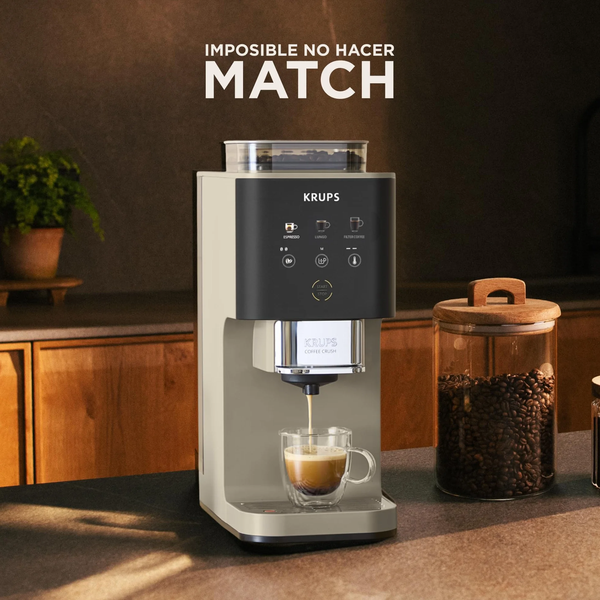 KRUPS Coffee Crush, Cafetera automática, Café en Grano y Molido, 15 Bares, 3 recetas de café, 3 niveles de temperatura y de molienda, Pantalla táctil, Compacta 15 cm de ancho, Beige, SA402AE0