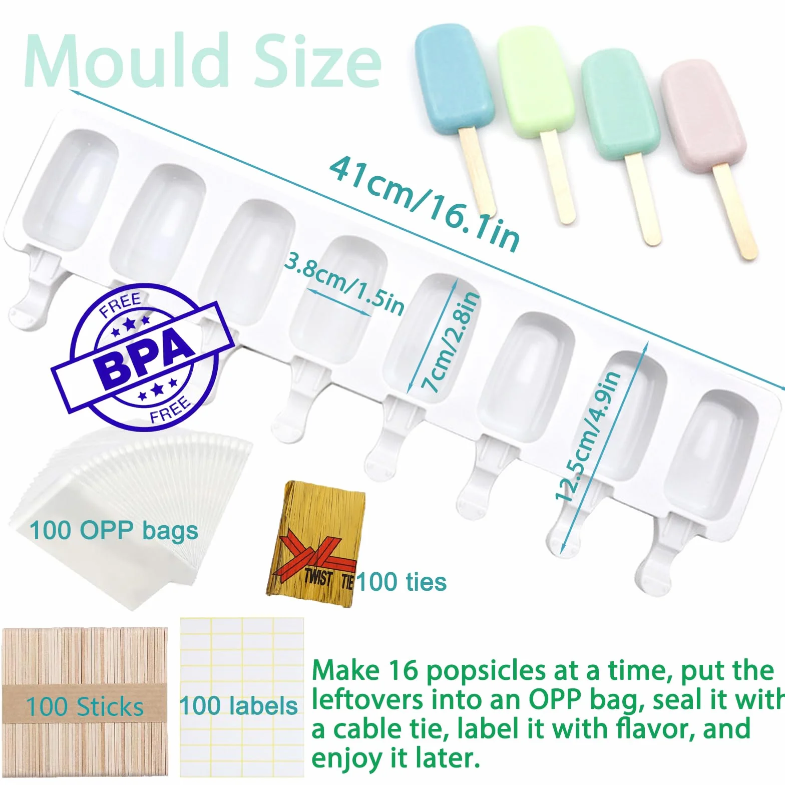 Moldes Grandes Silicona Helados con Tapa Juego Polos Magnum sin BPA 100 Palos Madera Bolsas OPP