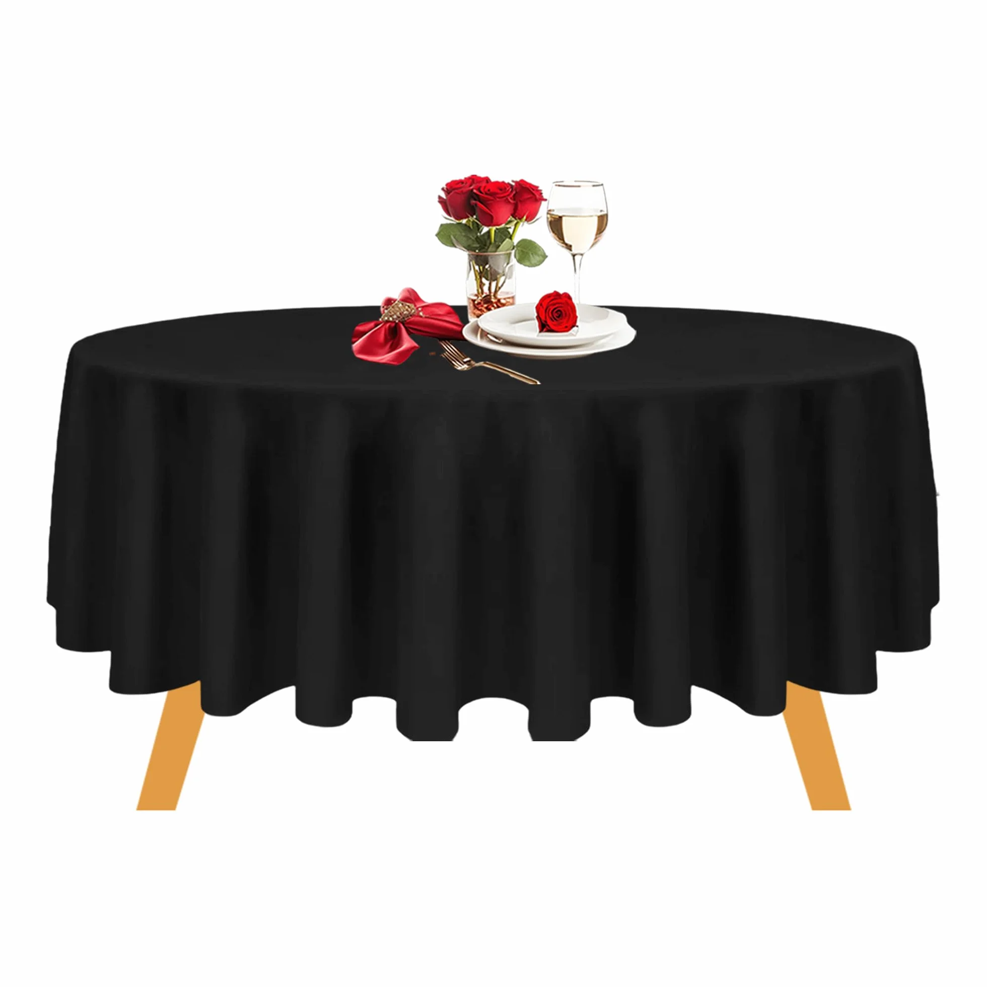 Weddecor Mantel Redondo de algodón y poliéster, 120 Pulgadas, Mantel de Lino Circular Premium, Mantel de Tela Lavable para Bodas, Fiestas, Mesa de Comedor, Banquetes, Negro, 5 Piezas