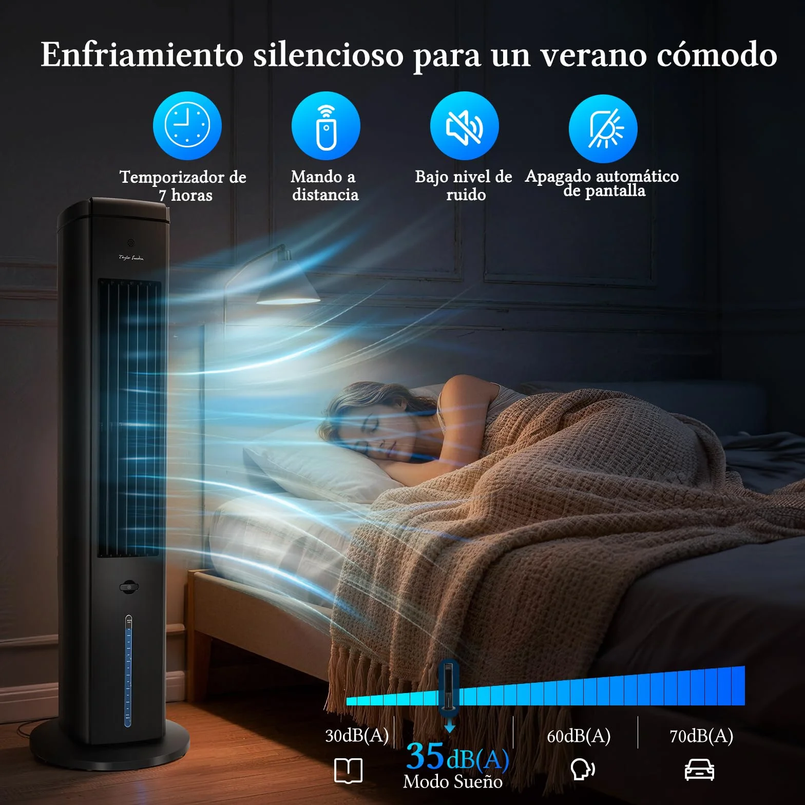 Taylor Swoden Climatizador Evaporativo Silencioso 5 en 1 con Tecnología ION y Difusor de Aromas, Enfriador de Aire, 5L, Oscilación 75°, 3 Velocidades/Modos, Temporizador 7h, Mando a Distancia, Negro