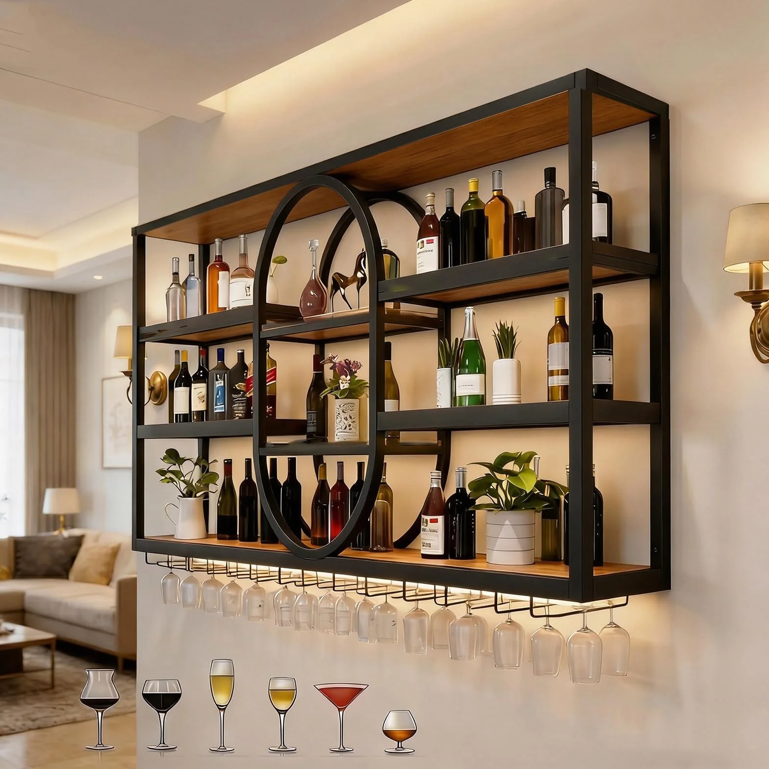 Botellero de Pared de Metal de Gran Capacidad, Estante para Vino de Pared Ovalado Moderno, Soporte para Copas y Botellas, Metal para Vino Industrial, 120-180cm, Negro/Dorado (nero, 140*20*120cm)
