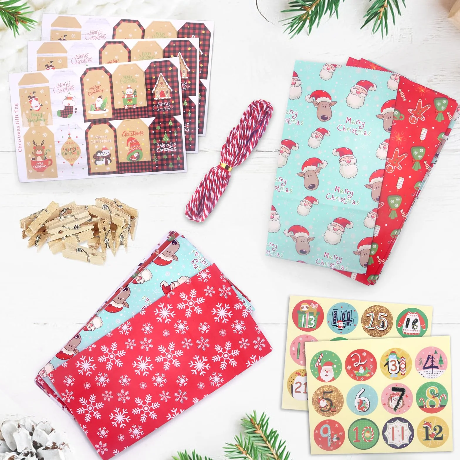 Calendario Adviento para Rellenar 2024, 24 Piezas, DIY Bolsas Navideñas de Papel con Cuerda y Números Adhesivos