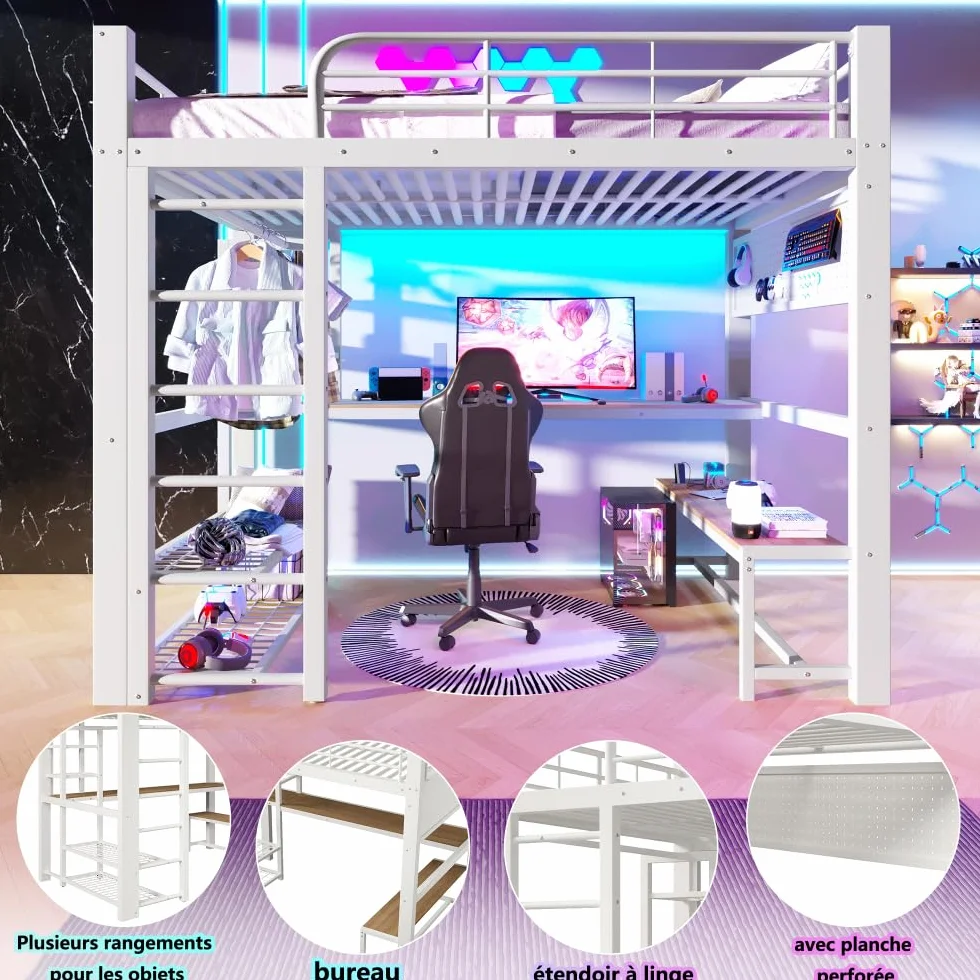 Sapgaks - Cama entrepiso de 1 plaza de 140 x 200 cm, litera infantil con barrera con banda luminosa LED, cama entrepiso escalera, escritorio de madera, tendedero para ropa (140 x 200)