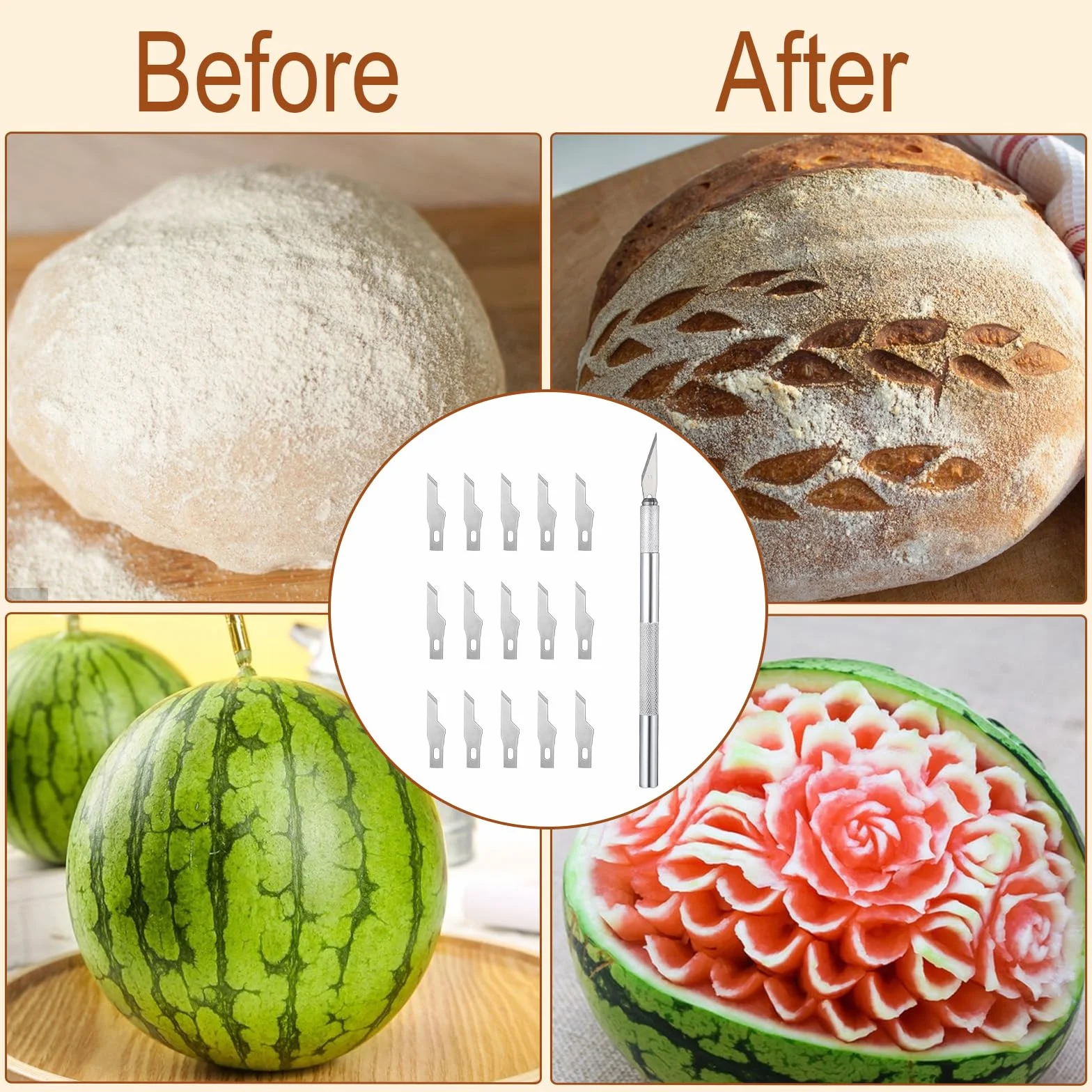 Cuchillo de panadero con 15 cuchillas, cuchillo para cortar pan, cuchillo para baguettes, de acero inoxidable, cuchilla para masa con funda protectora de plástico