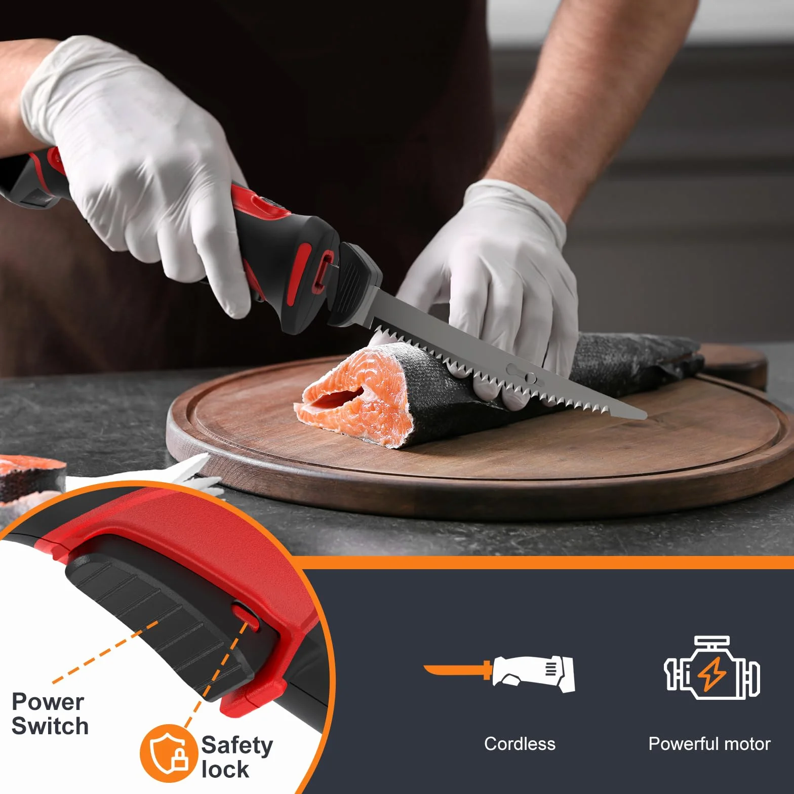 VLOXO Cuchillo Electrico Cocina Inalámbrico para Filetear con 4 Cuchillas de Acero Inoxidable Cuchillos Cocina Eléctrico Recargable con Bloqueo de Seguridad Cuchillos Carne Mango Antideslizante