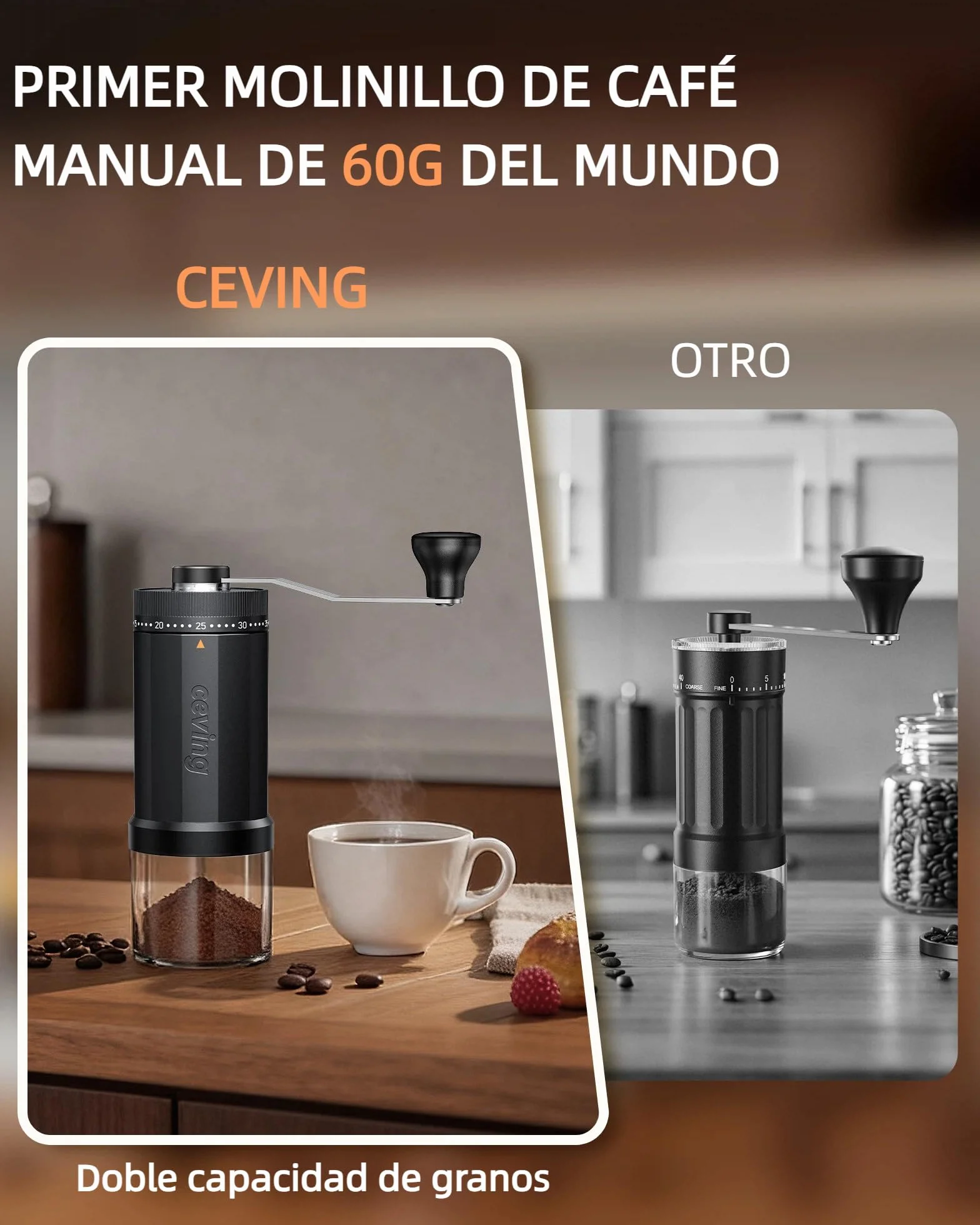 Molinillo de Café Manual 60g 40 Niveles Muelas Cónicas de Cerámica
