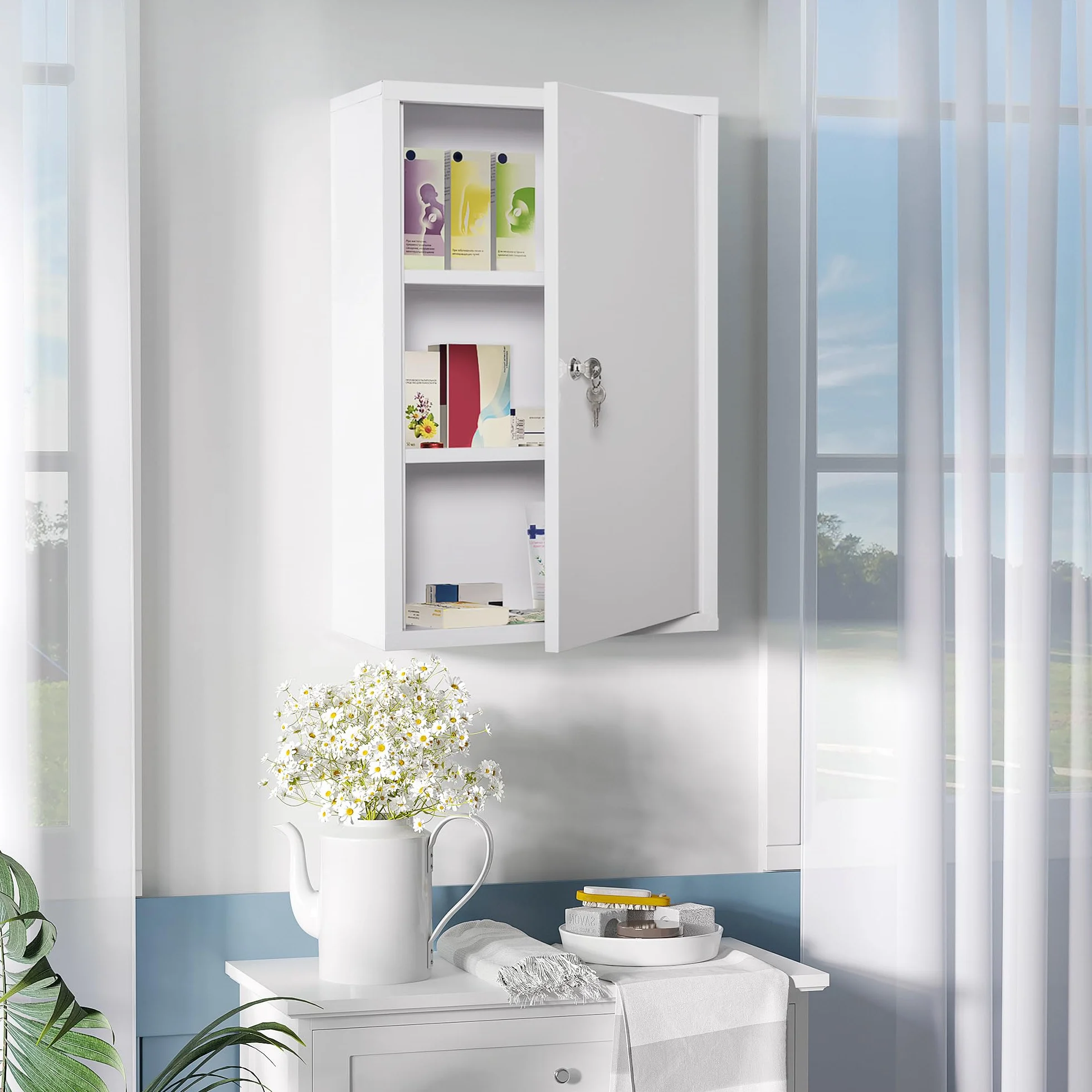 Kleankin Armario Botiquín de Pared de Metal 3 Estantes 40x18x60 cm Blanco