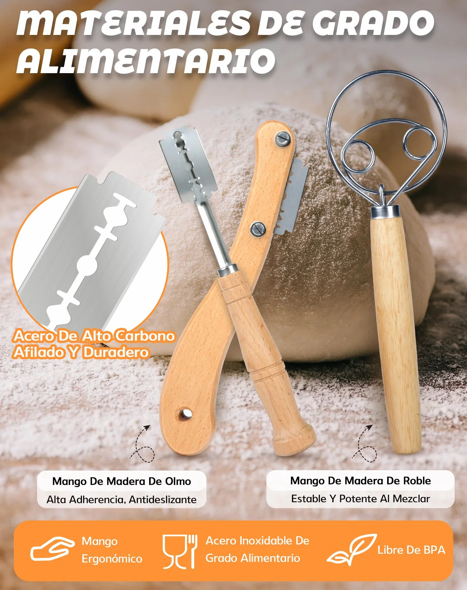 Kit Panadería 5 Piezas con Cuchilla para Pan, 2 Cuchillas Panadero Recta Curva con 20 Hojas de Repuesto, Batidor Danés, Rasqueta y Pincel, Accesorios para Masa Madre y Pan Artesanal, Acero Inoxidable