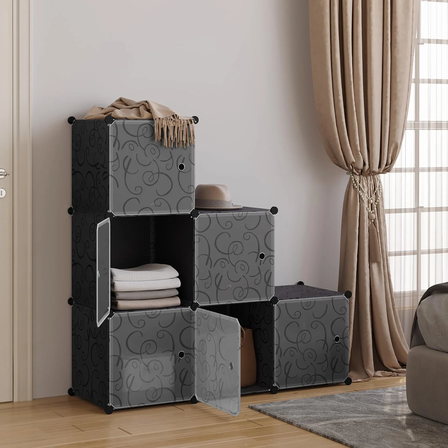 WOLTU Armario Modular de 6 Cubos, Organizador de Almacenamiento de Plástico con Puertas Imán, Negro