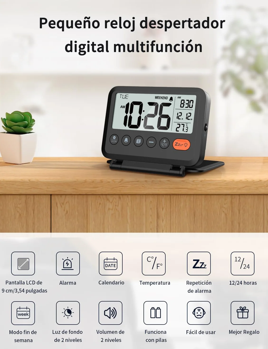Reloj Despertador Digital de Viaje LCD con Fecha, Temperatura, 12/24H, 2 Volúmenes, Plegable