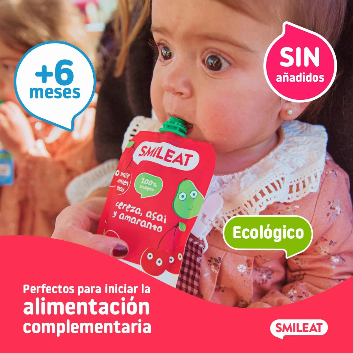Smileat Pouch de Frutas Ecológicas Sin Sal ni Azúcar Añadido Sin Gluten Snack Práctico para Peques Sabor a Cereza Açai y Amaranto