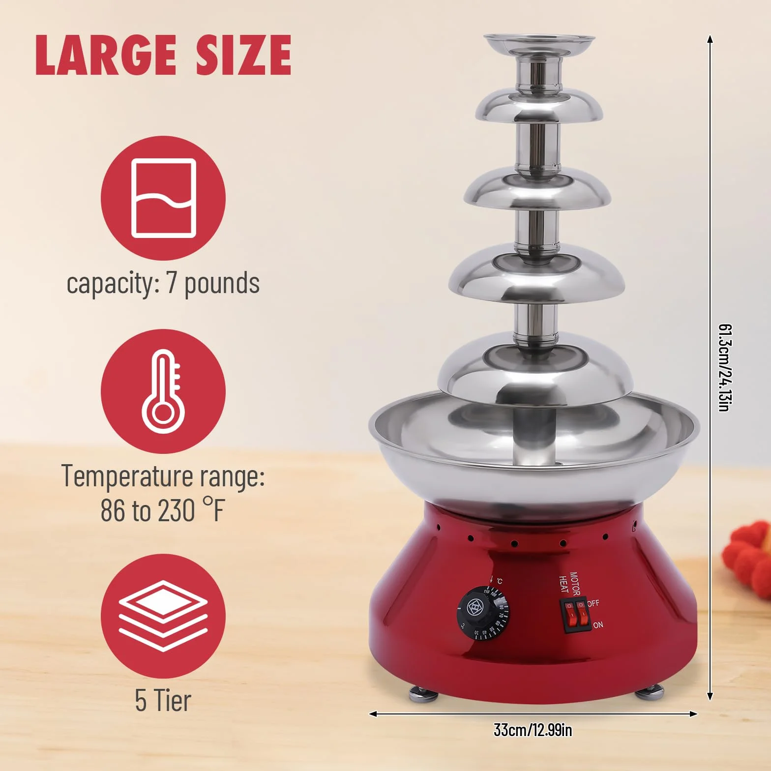 Fuente de chocolate de acero inoxidable, 230 W, 3 L, 5 etapas, con ajuste de temperatura de 30 a 110 °C, para fiestas familiares