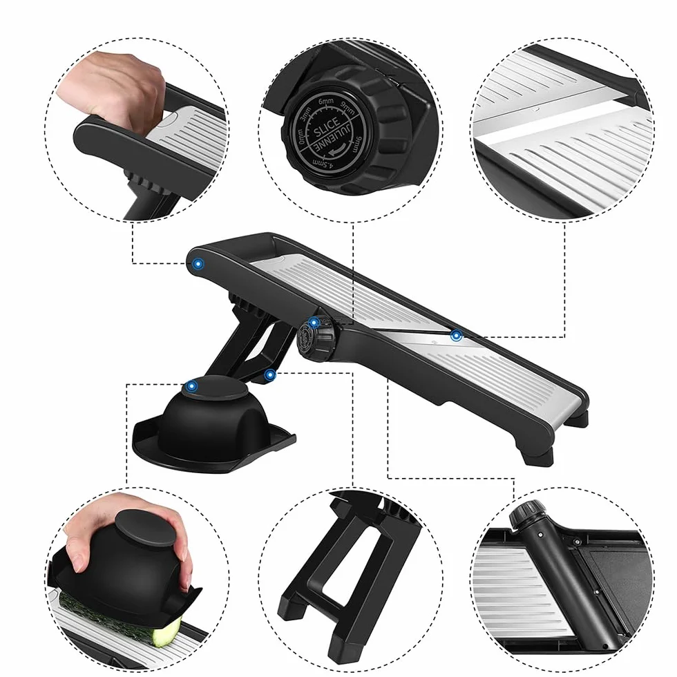 Mandolina de Cocina Profesional Cortador de Verdura - Mandolina Verduras con Guantes de Seguridad, Ajustable en Acero Inoxidable, Hacer Rodajas Gruesas de 1 a 9 mm, Cortador de Verduras Manual