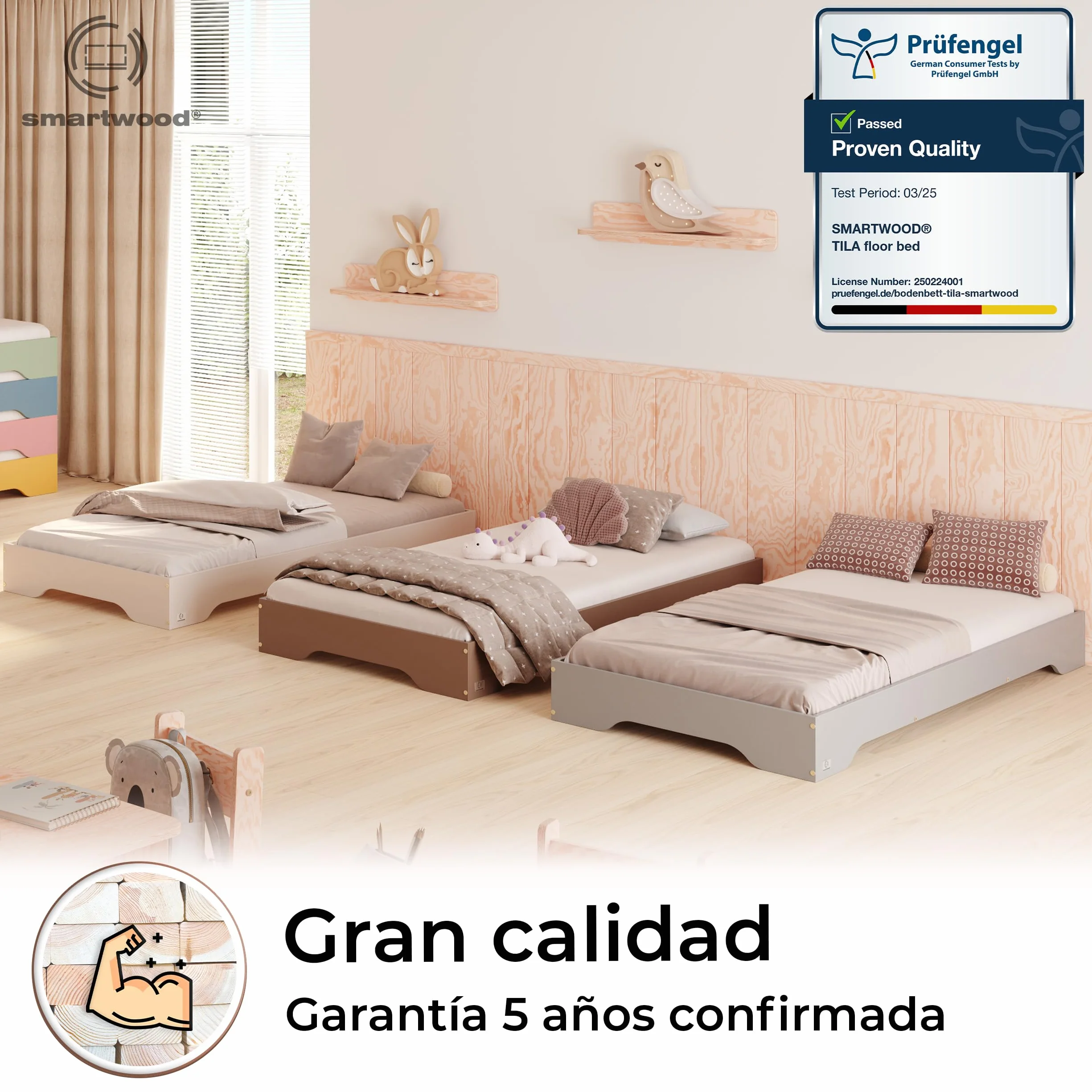 smartwood Cama Montessori 140x200 cm - Cama Infantil de Madera de Pino Certificada FSC con Somier de Listones - Capacidad de Carga 300 kg - para Niño y Niña - Montaje Sencillo - TILA 7