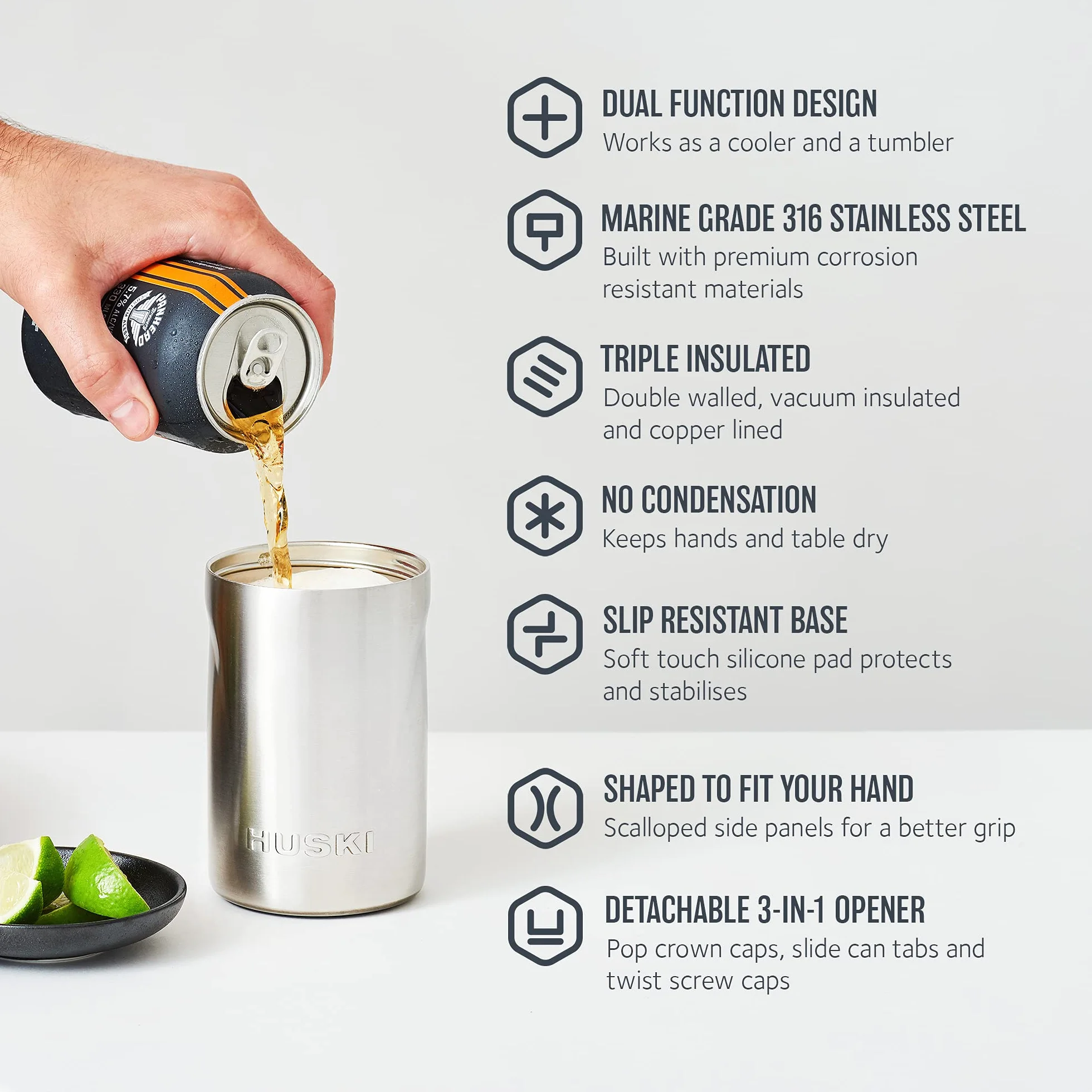 Huski Enfriador de cerveza 2.0 Soporte latas botellas acero inoxidable triple aislamiento abridor 3 en 1