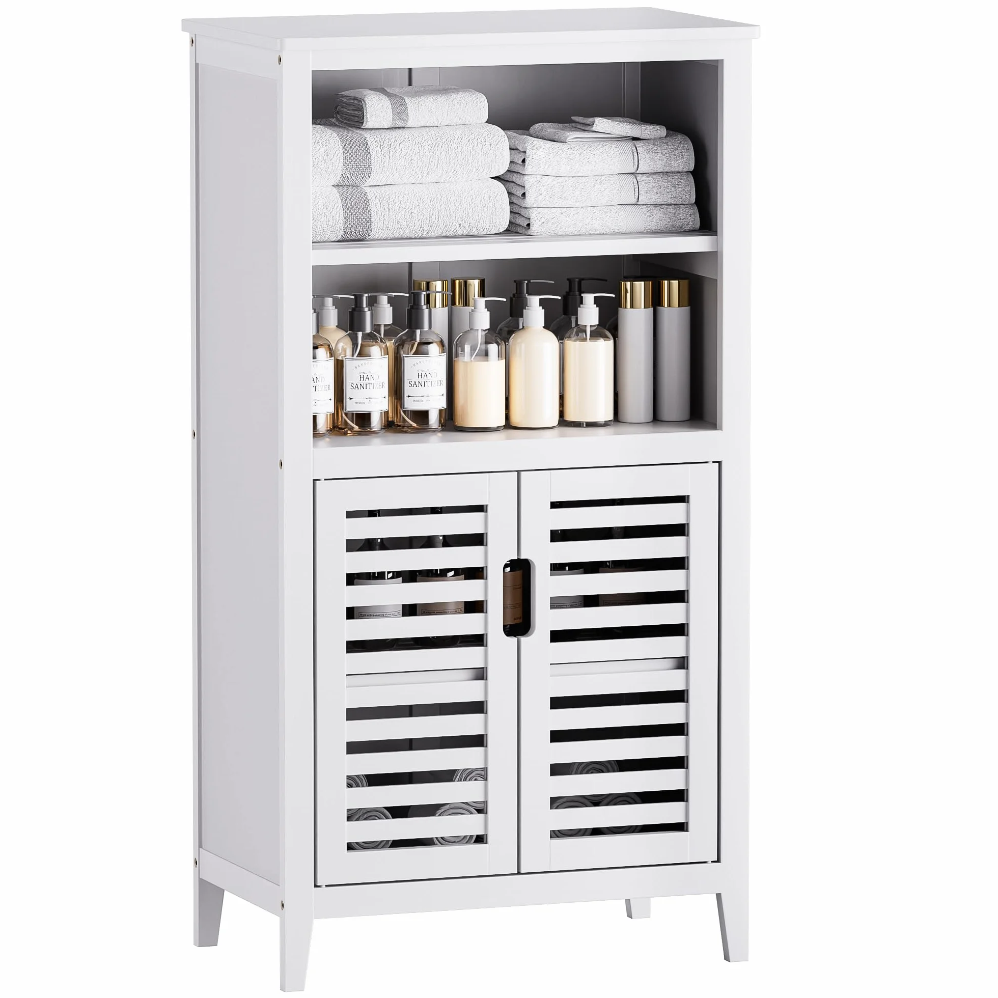 HITNET Mueble Baño Bambu, Armario Bajo Baño Auxiliar, Gabinete de Almacenamiento con Doble Puerta, Estante Ajustable, para Sala de Estar, Cocina, Entrada, Blanco