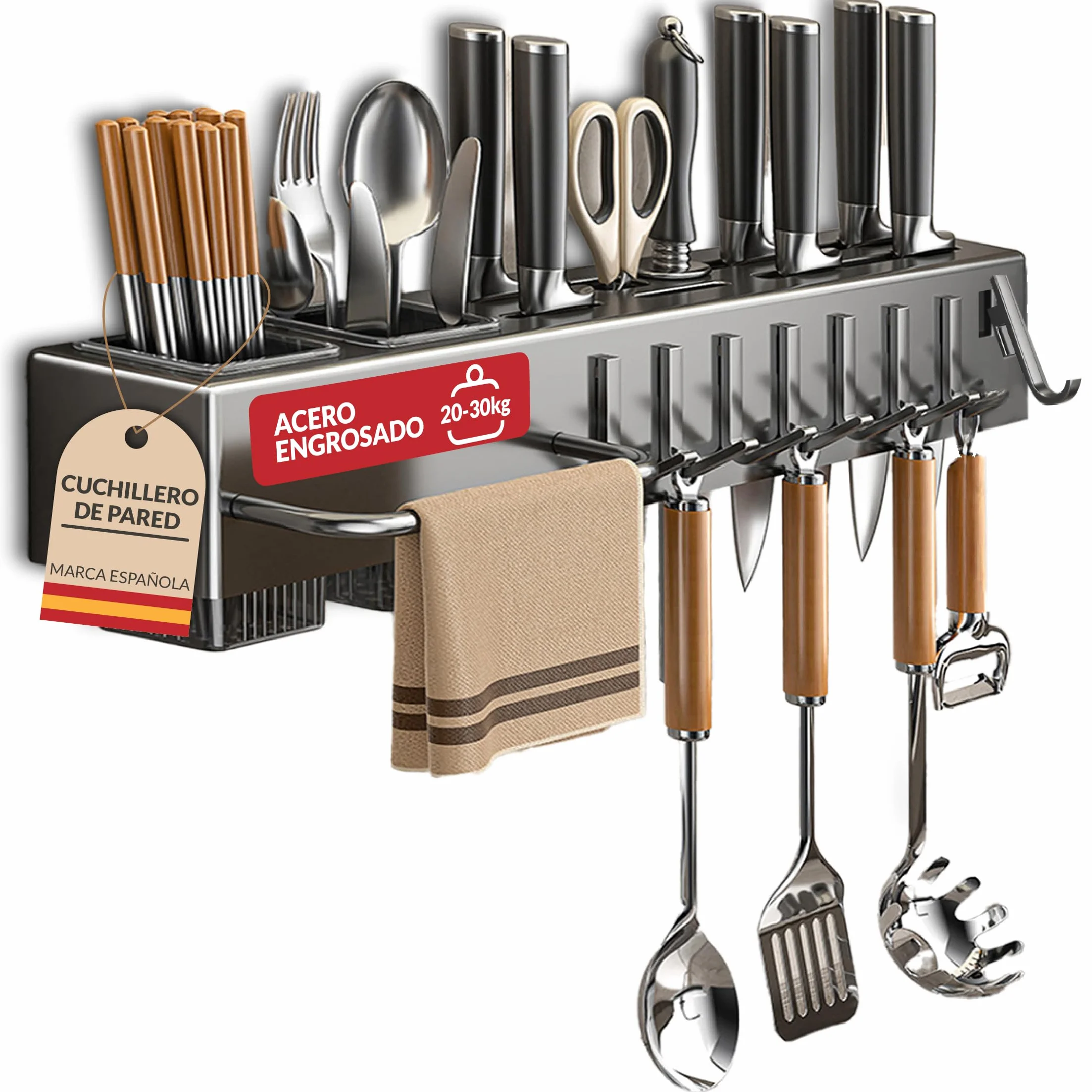 Organizador de cocina - cuchillero de pared - soporte para utensilios de cocina con ganchos y portacubiertos - organizador multifuncional ahorra espacio