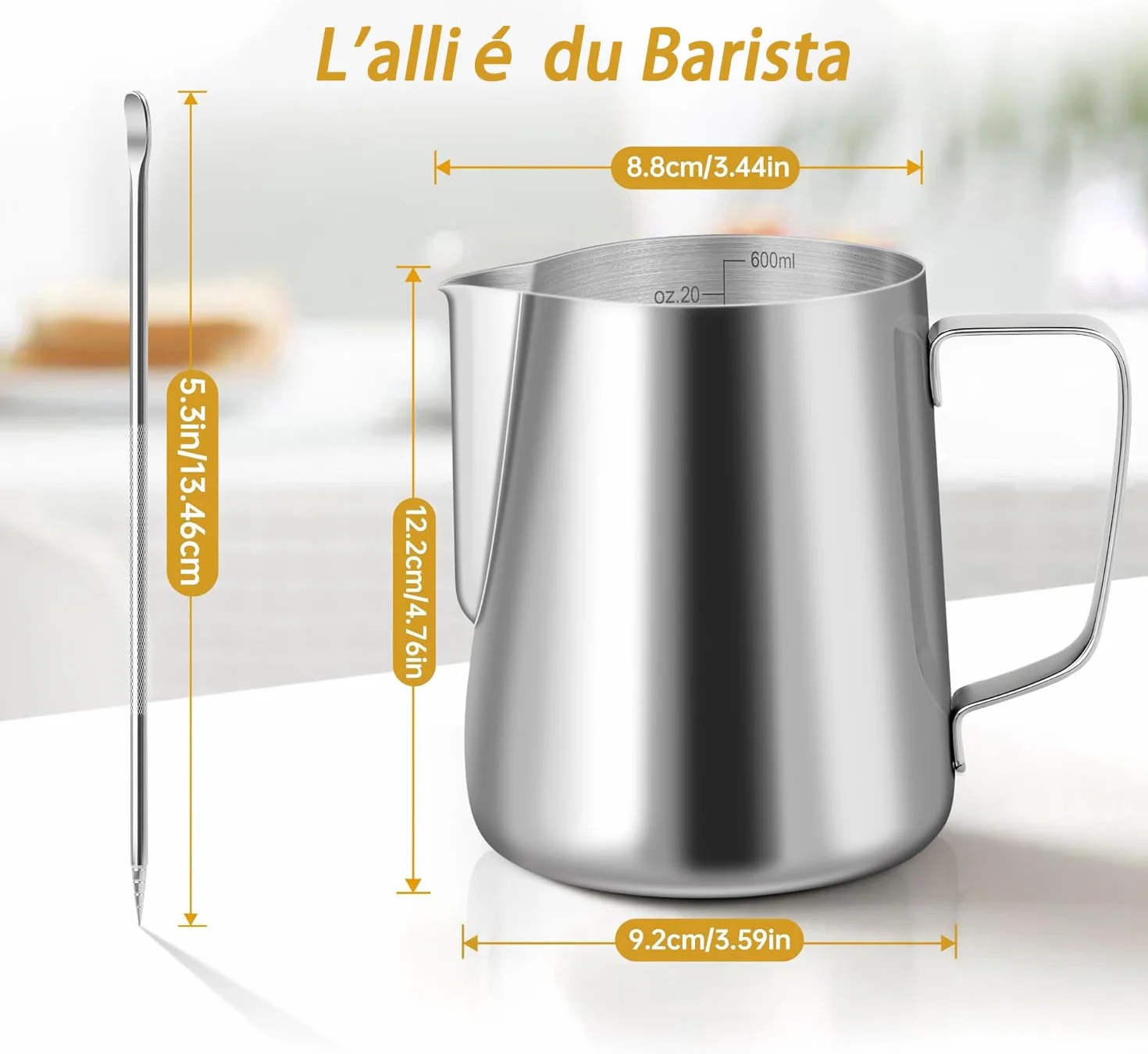 Jarra de leche acero inoxidable 600 ml con marca de medición para capuchino espresso