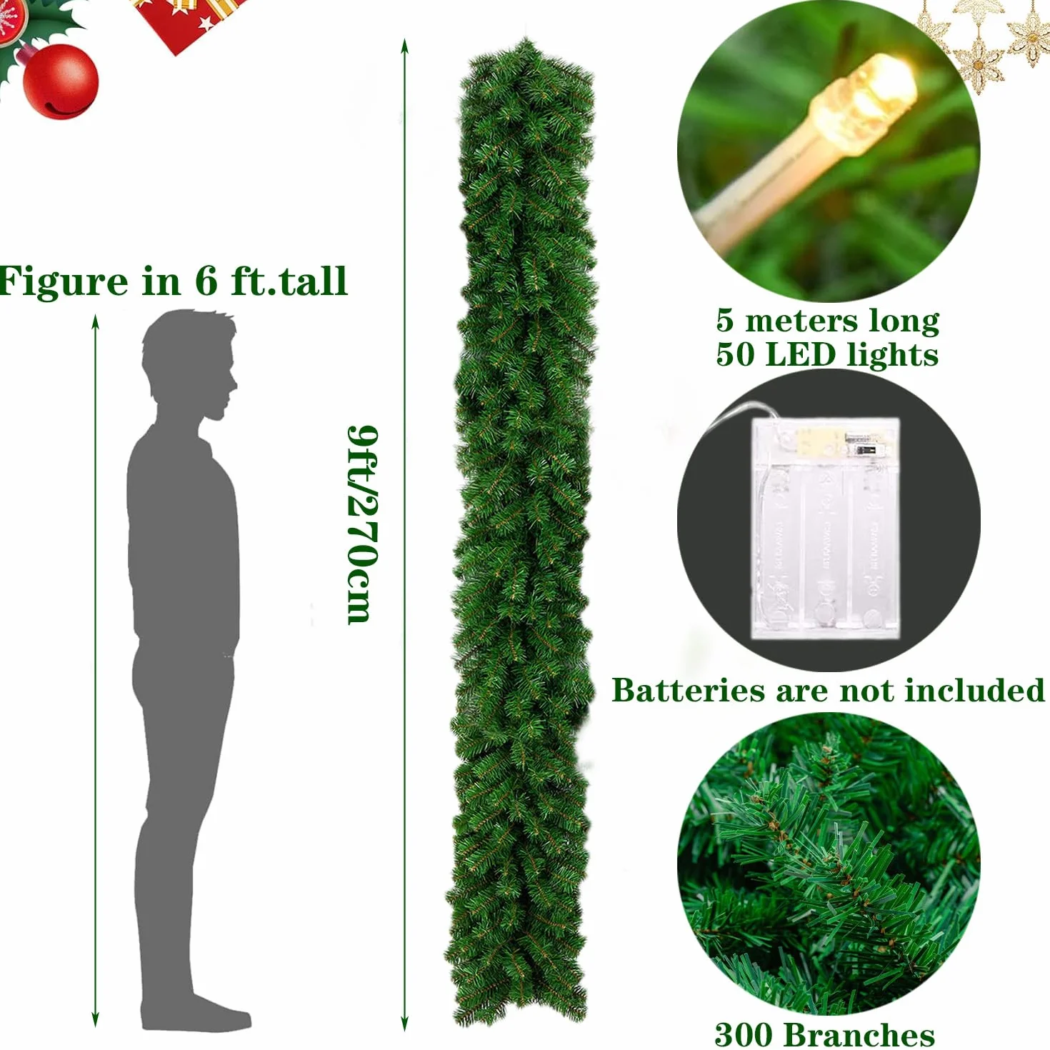 Guirnalda de Navidad Decoración con 50 LED Luces,2.7m/9 FT Guirnalda Artificial Guirnalda de Hiedra con escaleras chimeneas Puertas decoración navideña Exterior Interior (Verde)