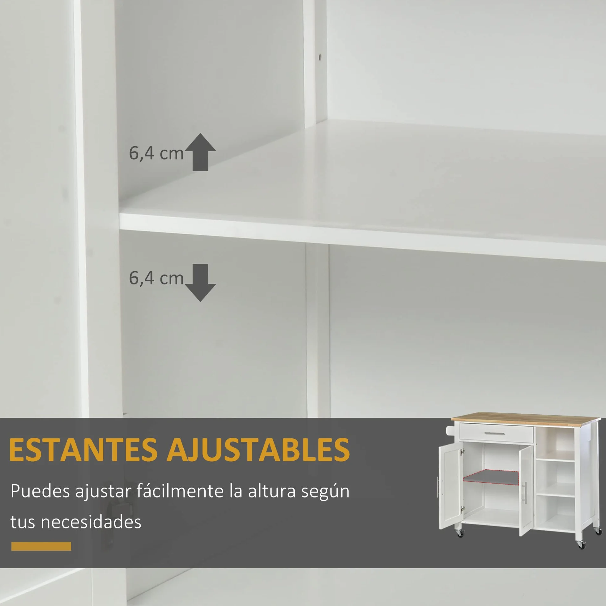 HOMCOM Isla de Cocina con Ruedas Mueble Auxiliar de Cocina con 1 Cajón 2 Puertas 3 Estantes Abiertos y Barra Lateral para Comedor 107,5x48x89 cm Blanco