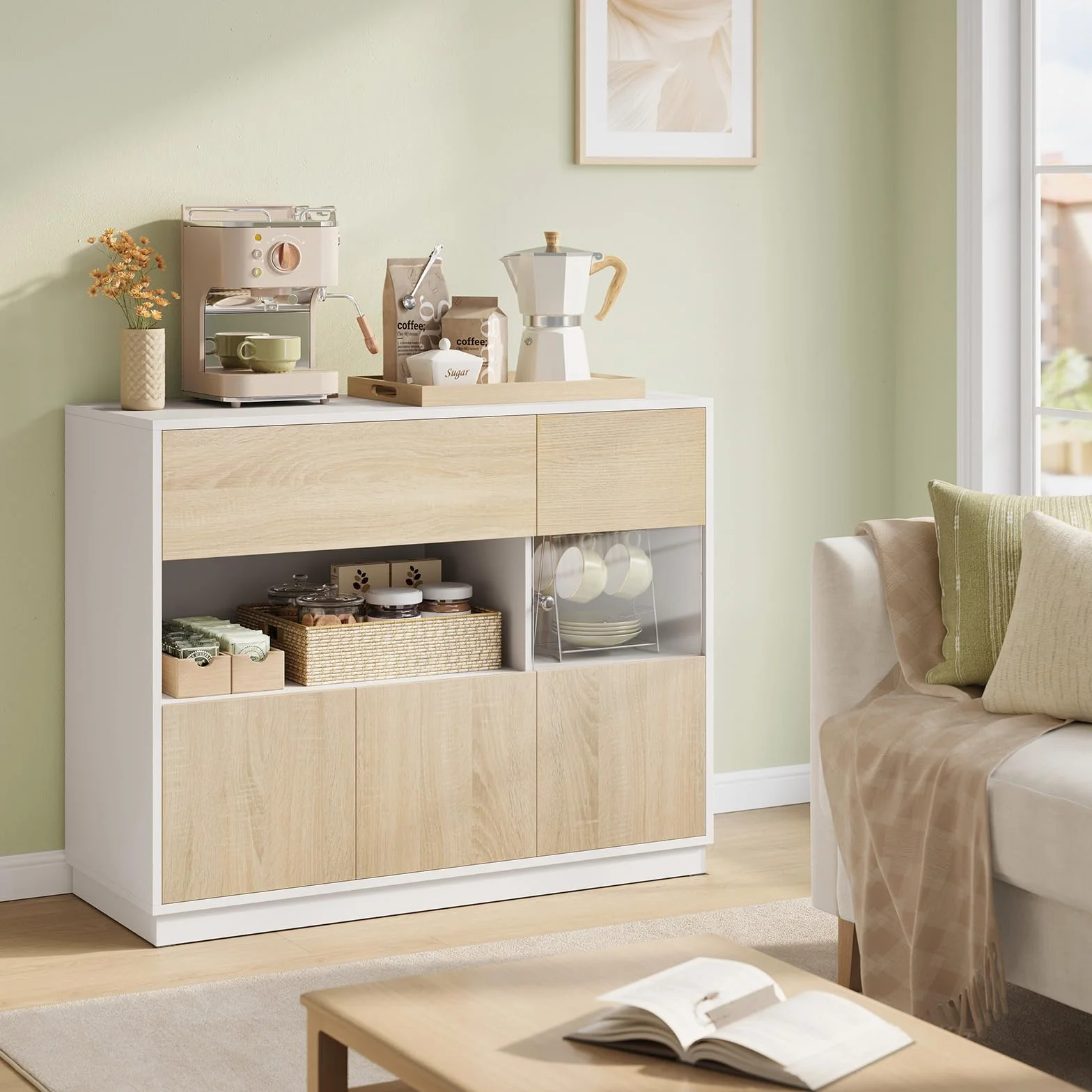 WOLTU Aparador Cocina, Buffet Cocina con Cajones, Zona Abierta y Puerta Transparente, Mueble Auxiliar para Comedor, Salón y Cocina, 100x40x80 cm, Roble Claro+Blanco
