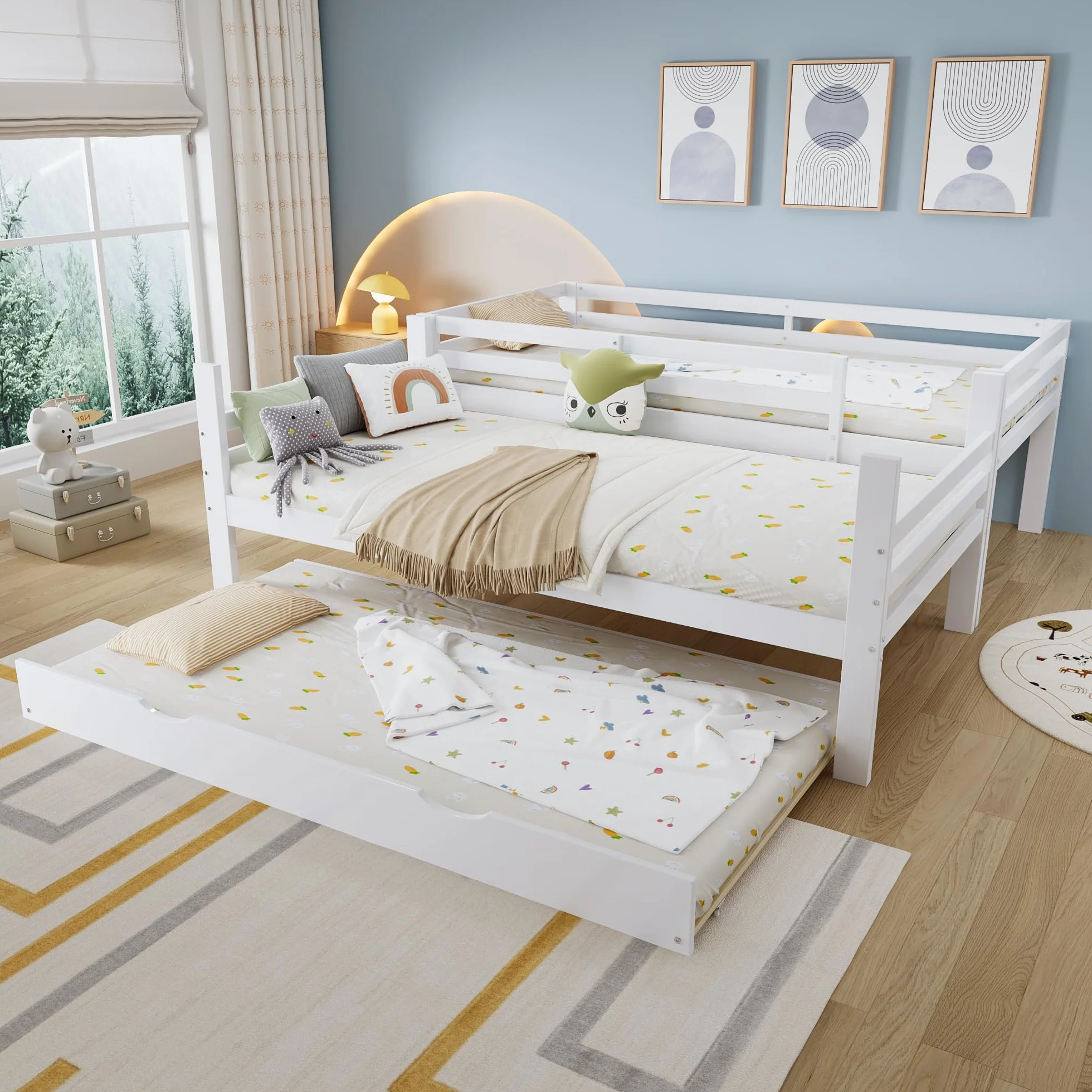 LAKFEW Litera Infantil 90x200 con Cama Nido 90x190 cm, Literas Cama Infantil con Protección Anticaída y Estante de Almacenaje, Camas Infantiles, Litera Triple Literas Infantiles, Blanco, Sin Colchón