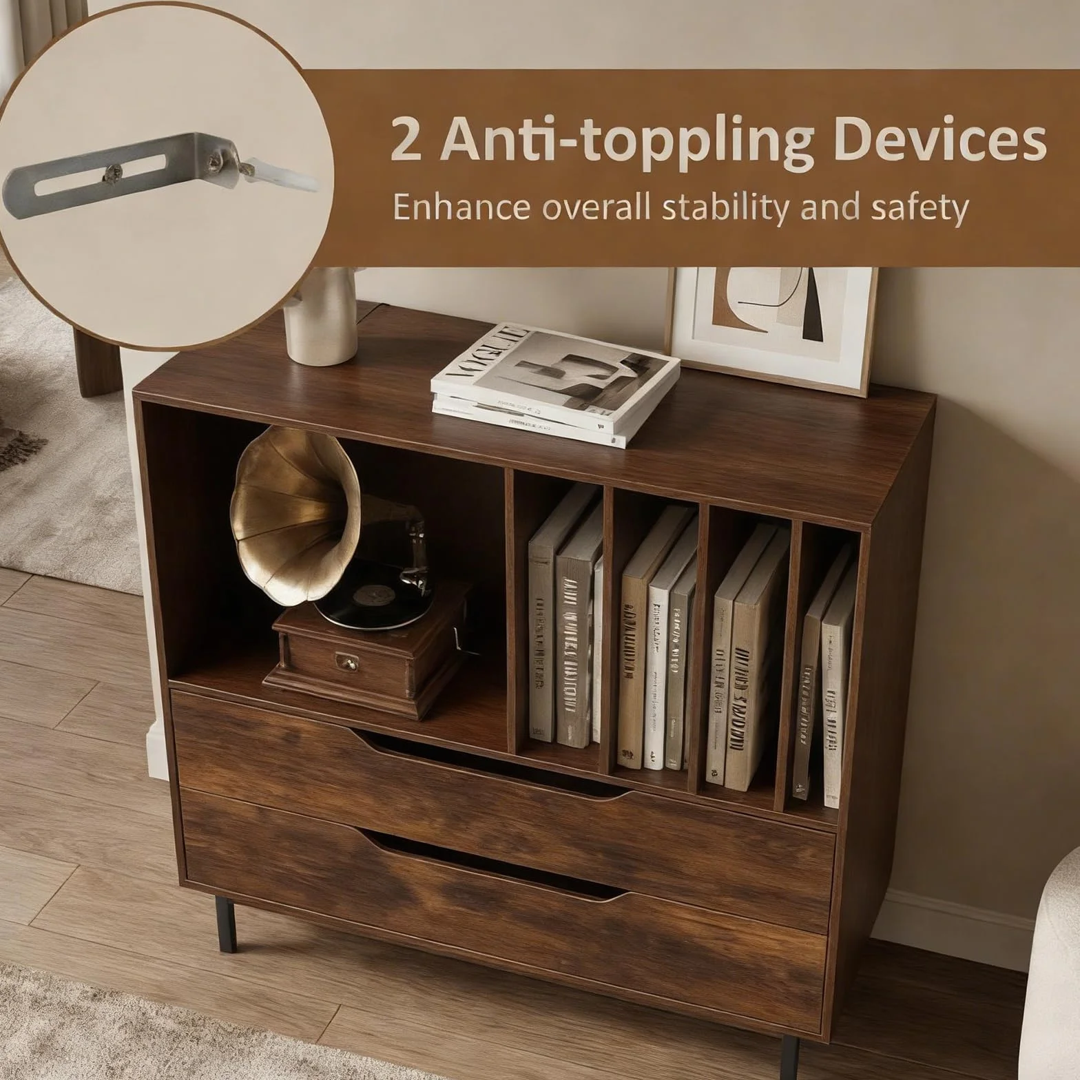 KOMFOTTEU Mueble para Tocadiscos con 2 Cajones, Soporte de Vinilo, Patas de Metal, 91x36x87 cm Marron