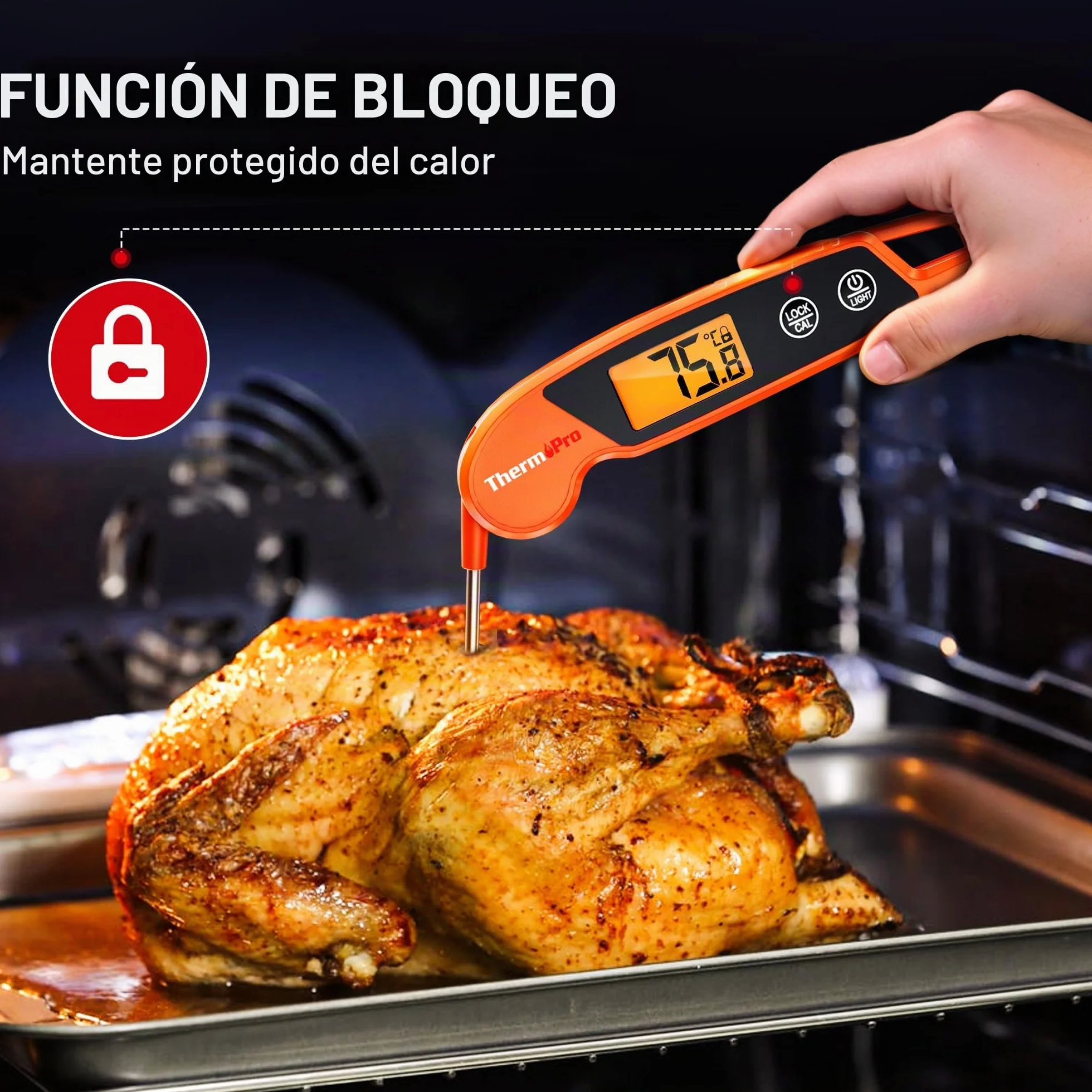 ThermoPro TP603 Termómetro de Cocina Digital, Termómetro Carne Lectura Instantánea, IPX6 Impermeable, Pantalla LCD Retroiluminada, Sonda Plegable para BBQ, Parrilla, Horno, Aceite, Caramelo(Naranja) | Termómetro de cocina LCD de lectura inmediata con retr