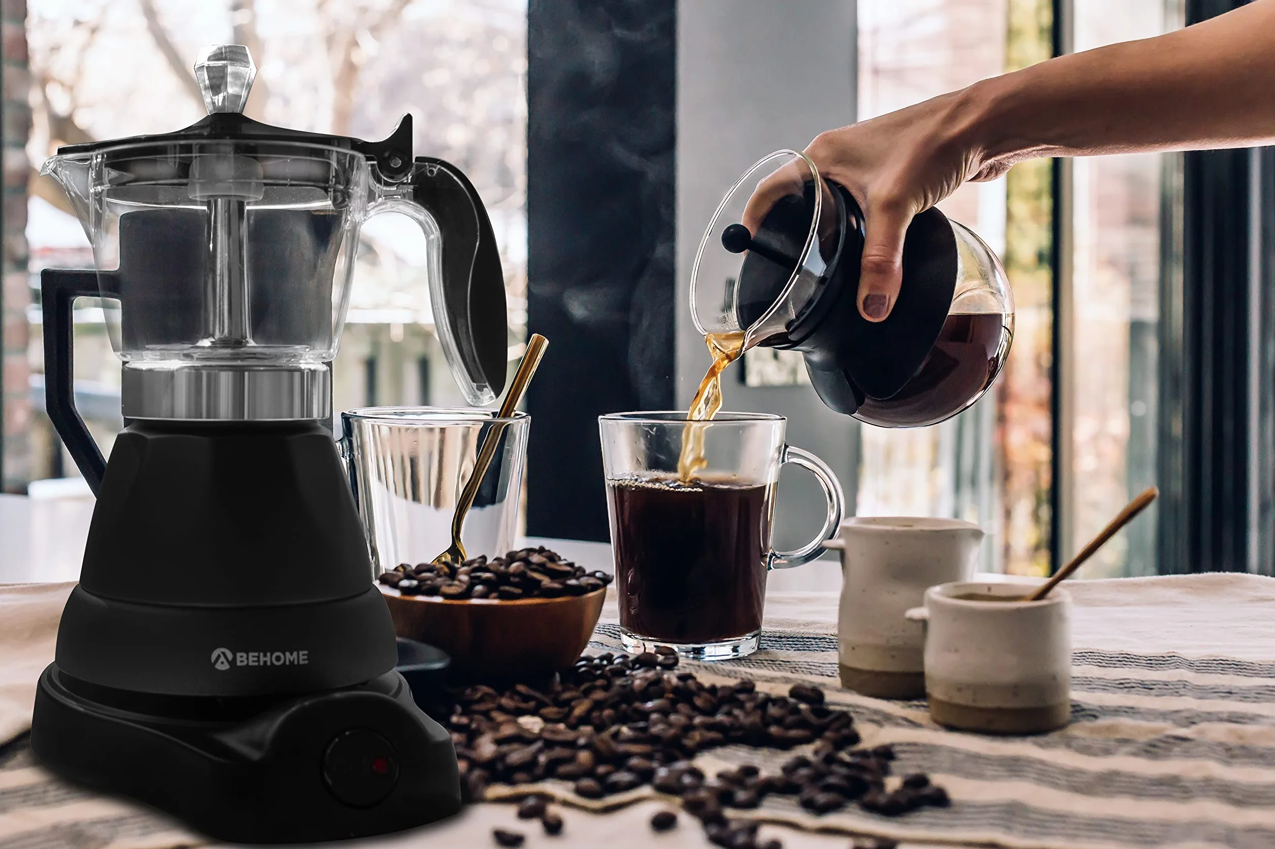 BEHOME Cafetera Italiana Eléctrica 3 Tazas, Moka Espresso Automática, Base Giratoria 360°, Negra