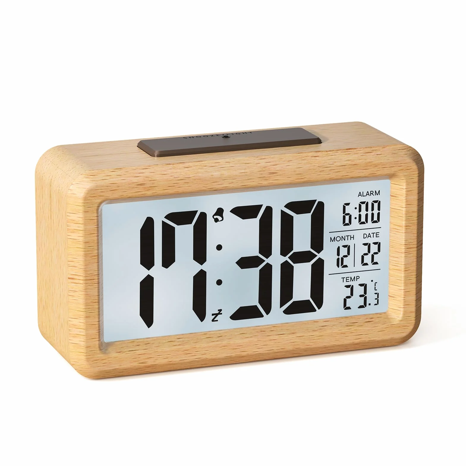 Despertador Digital de Madera, Reloj Despertador Digital Pilas con Pantalla LCD Grande, Retroiluminación, Fecha, Temperatura, Sensor de Luz Automático, Snooze (3 Pilas AAA Incluidas)