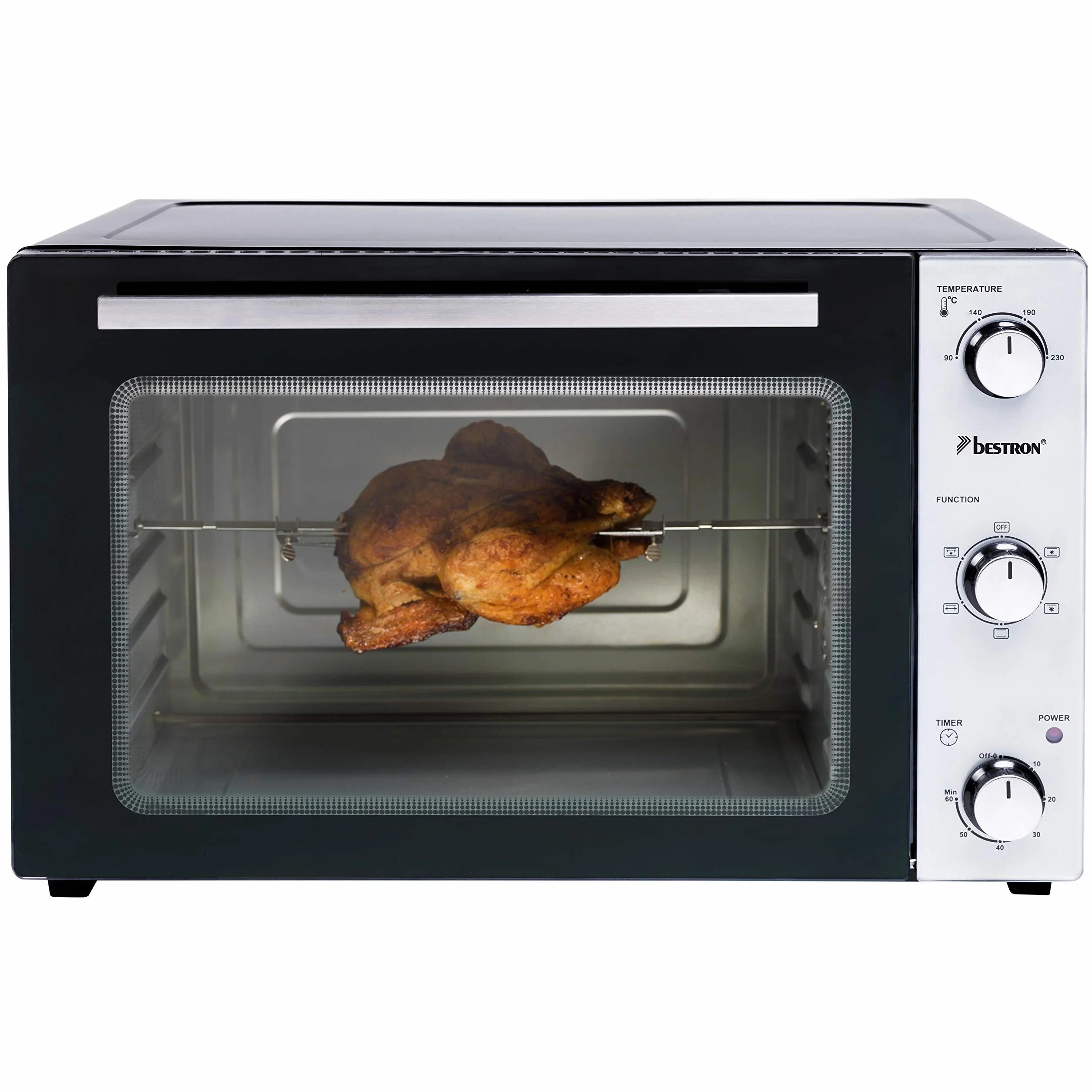 Bestron Mini Horno 2 en 1 con Pincho Giratorio, 45 Litros, 1800 W, Acero inoxidable, Negro