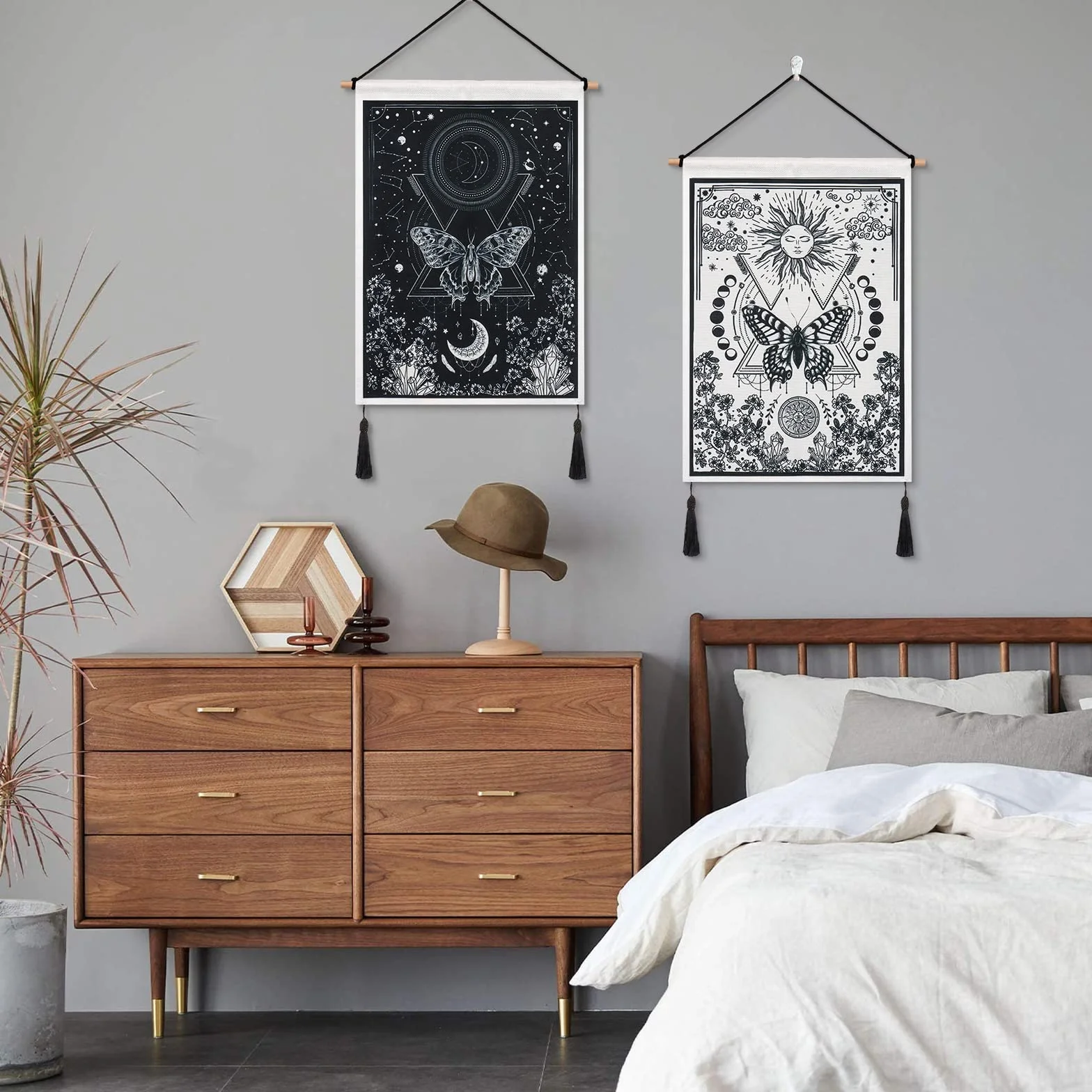 Betylifoy Paquete de 2 Tapices de Luna y Sol con Borlas Tarot para Colgar en la Pared Tapiz de Pancarta Tapiz Negro Decoración de Pared Bohemia para Dormitorio Sala de Estar (Eclipse lunar)