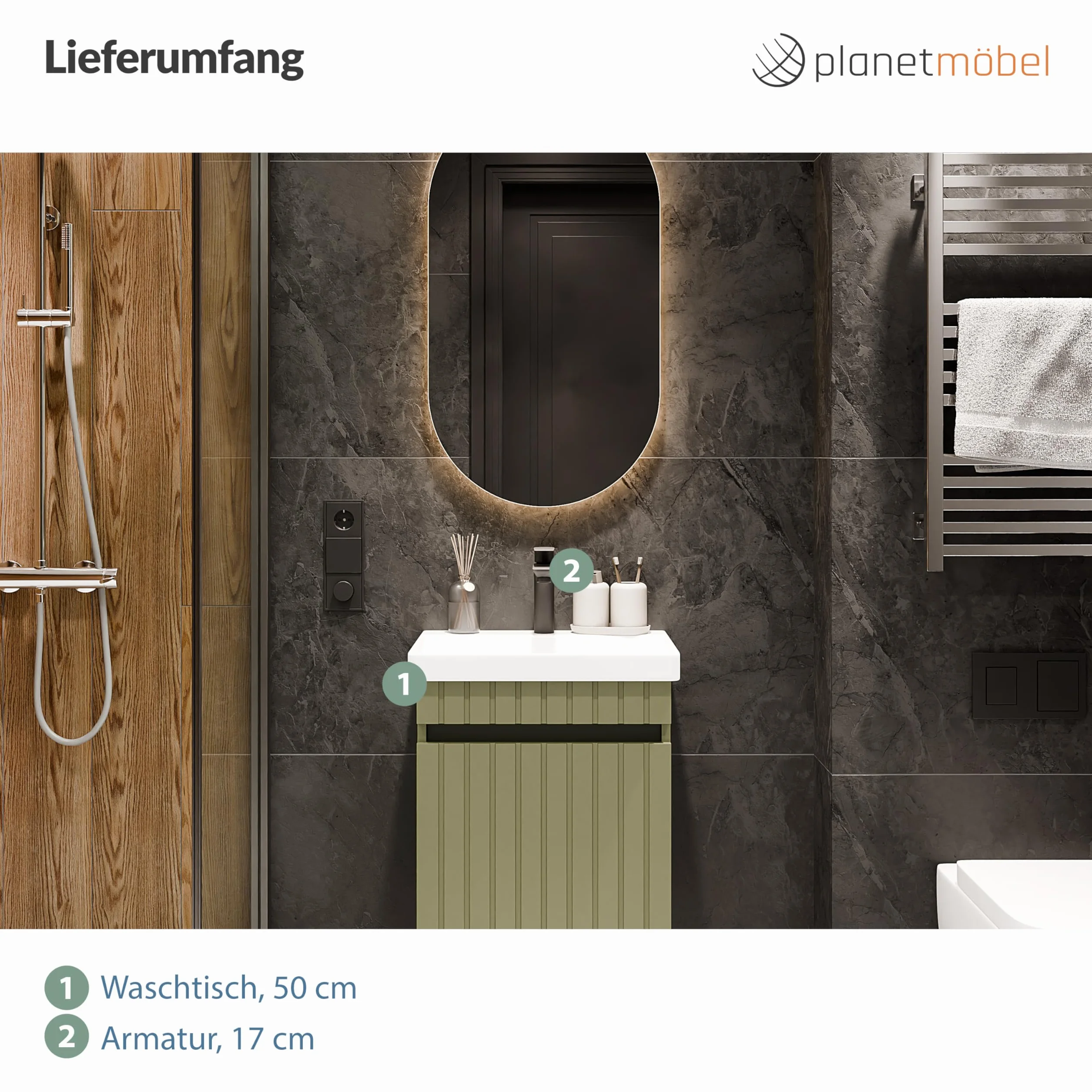 Planetmöbel Cosmia - Set de muebles de baño con lavabo y armario bajo 50 x 60 x 35 cm, color verde menta, grifo de baño negro, lavabo de cerámica con puerta