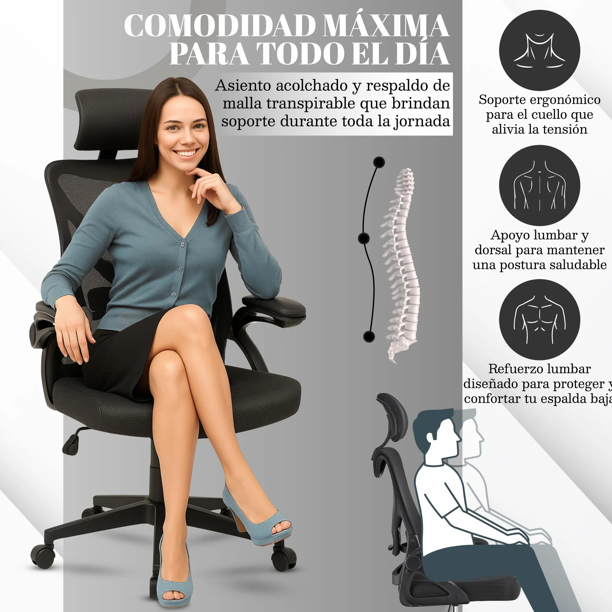 EveryKip Silla Escritorio Ergonomica Ajustable con Reposabrazos Beige Ruedas Anti-Arañazos Sillas Oficina Ejecutiva con Reposacabezas Negro