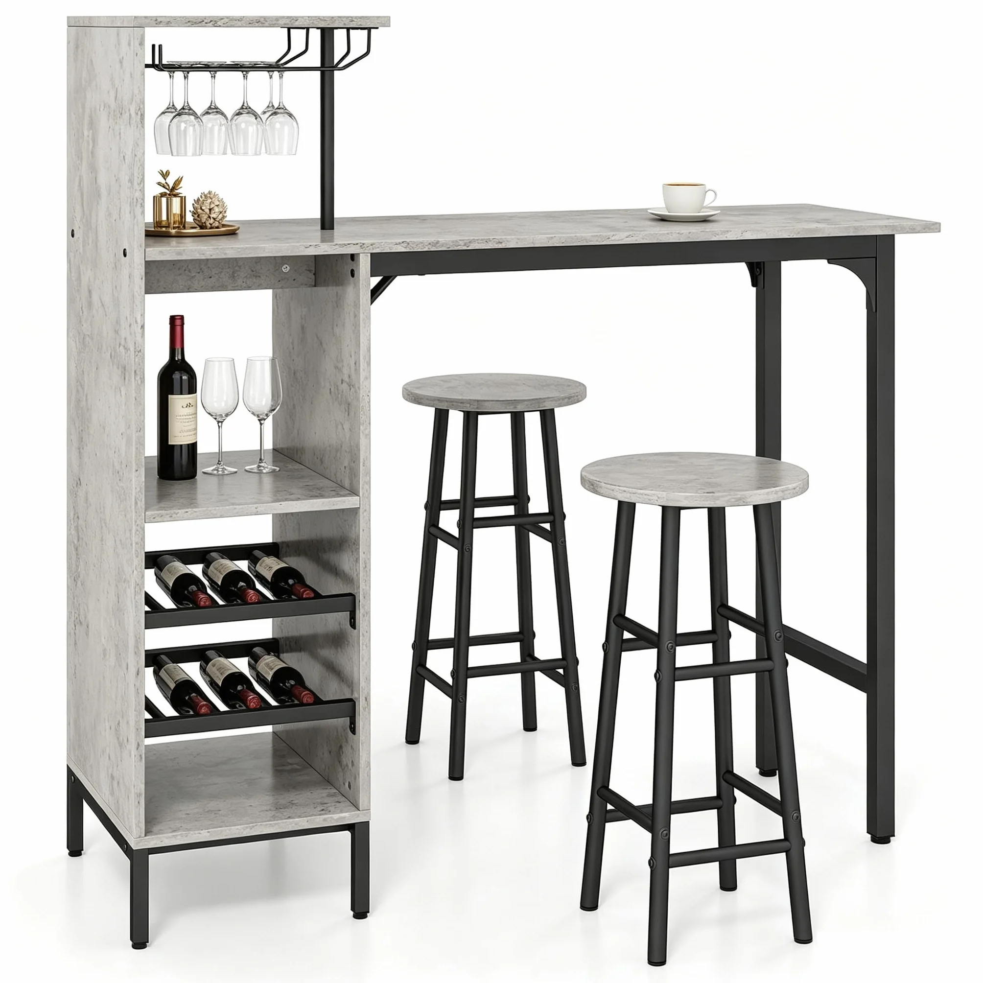 LIFEZEAL Juego de Comedor con 2 taburetes de Bar, Barra de Cocina con 2 sillas Altas, Mesa de Bar con peldaños Abiertos, botellero para Copas de Vino, para Cocina, salón y Bar (Gris)