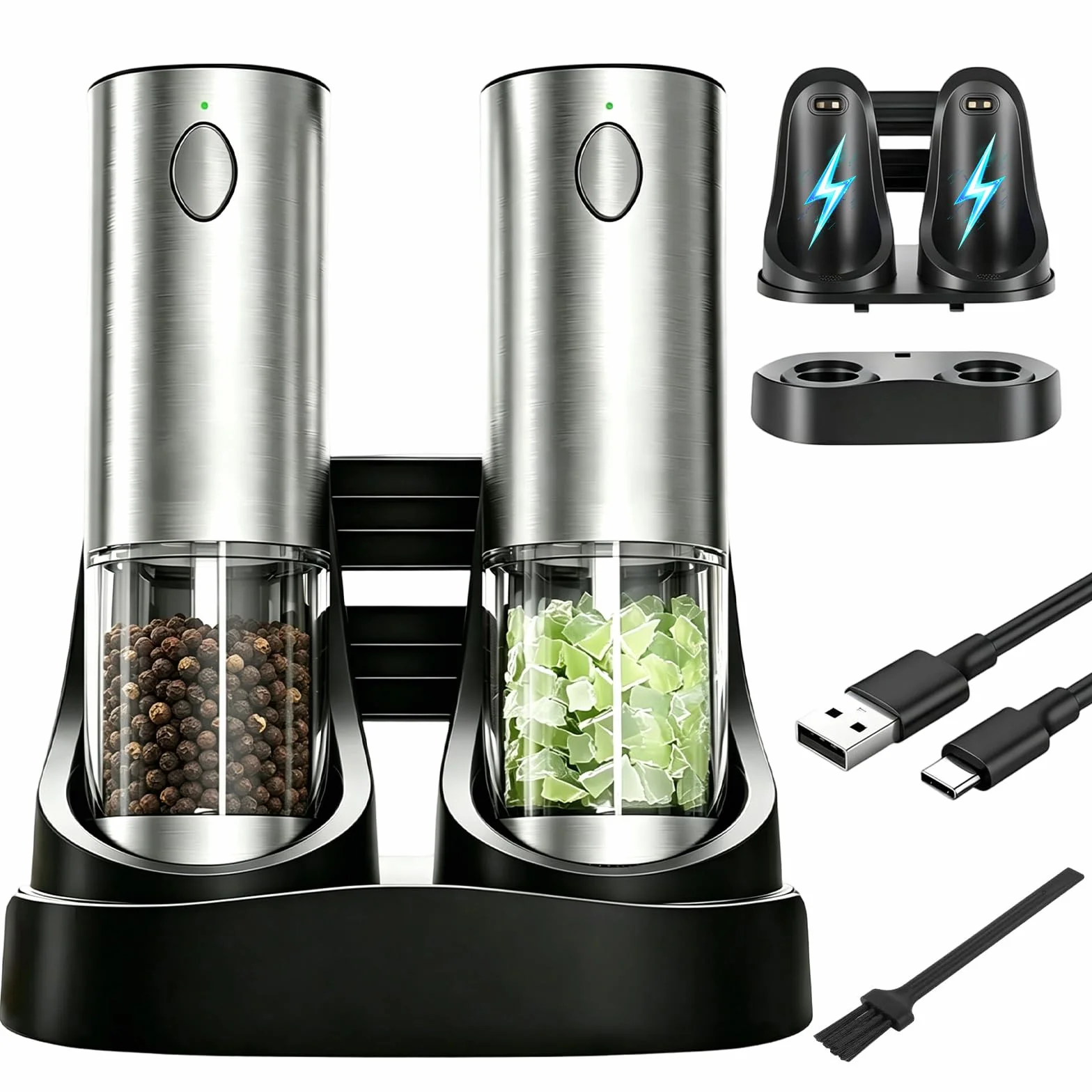 Molinillo Eléctrico de Sal y Pimienta Set – Mecanismo Cerámico, Molido Regulable, Luz LED, Recargable USB-C, 2-en-1 Molinillos de Especias para Cocina & Mesa