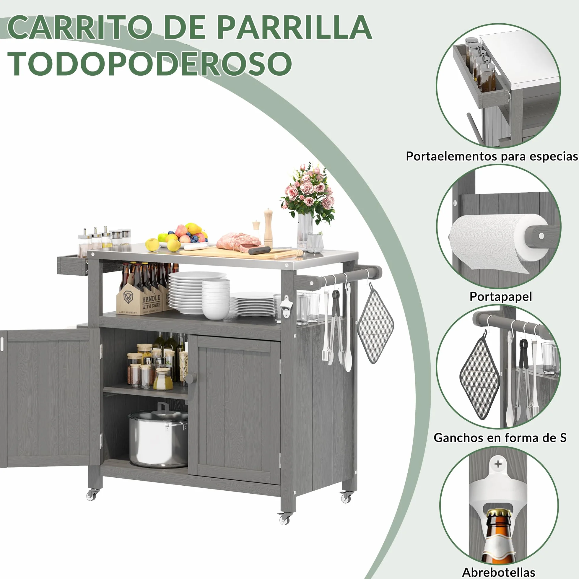 Isla de Cocina Exterior HIPS Impermeable con Top de Acero Inoxidable & Armario de Almacenamiento, Mesa de Preparación Móvil con Ruedas para Preparar Comida BBQ, Carrito de Grill Exterior para Fiestas