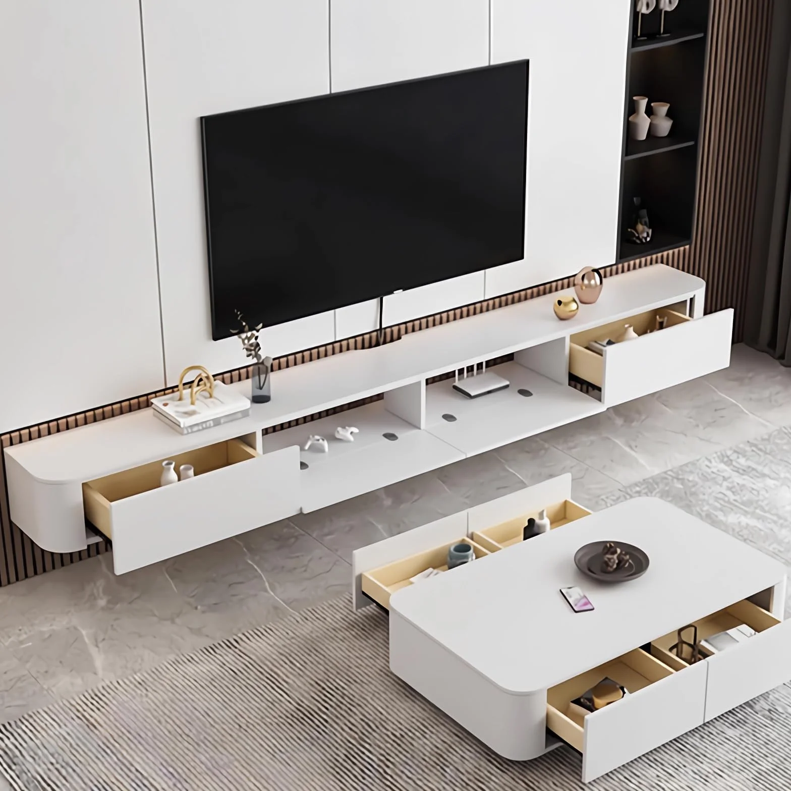 Mueble de TV Flotante, Soporte de montado en la Pared con Dos cajones, Consola Multimedia para, Mueble de TV Grande para Sala de Estar y Oficina (180cm/70.8in,Blanco-A)