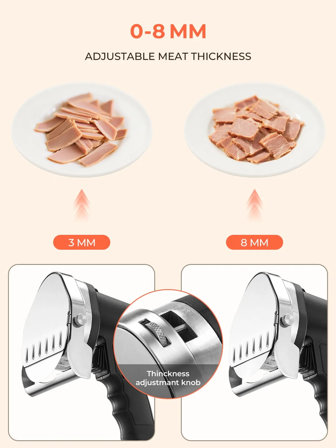 FOHERE Cortadora De Kebab Eléctrica, Cortadora De Shawarma De 80W con 2 Cuchillas, Máquina De Cuchillas Ajustable De 0-8 Mm De Grosor, para Kebab Turco Y Cordero, para Restaurante, Snack-Bar