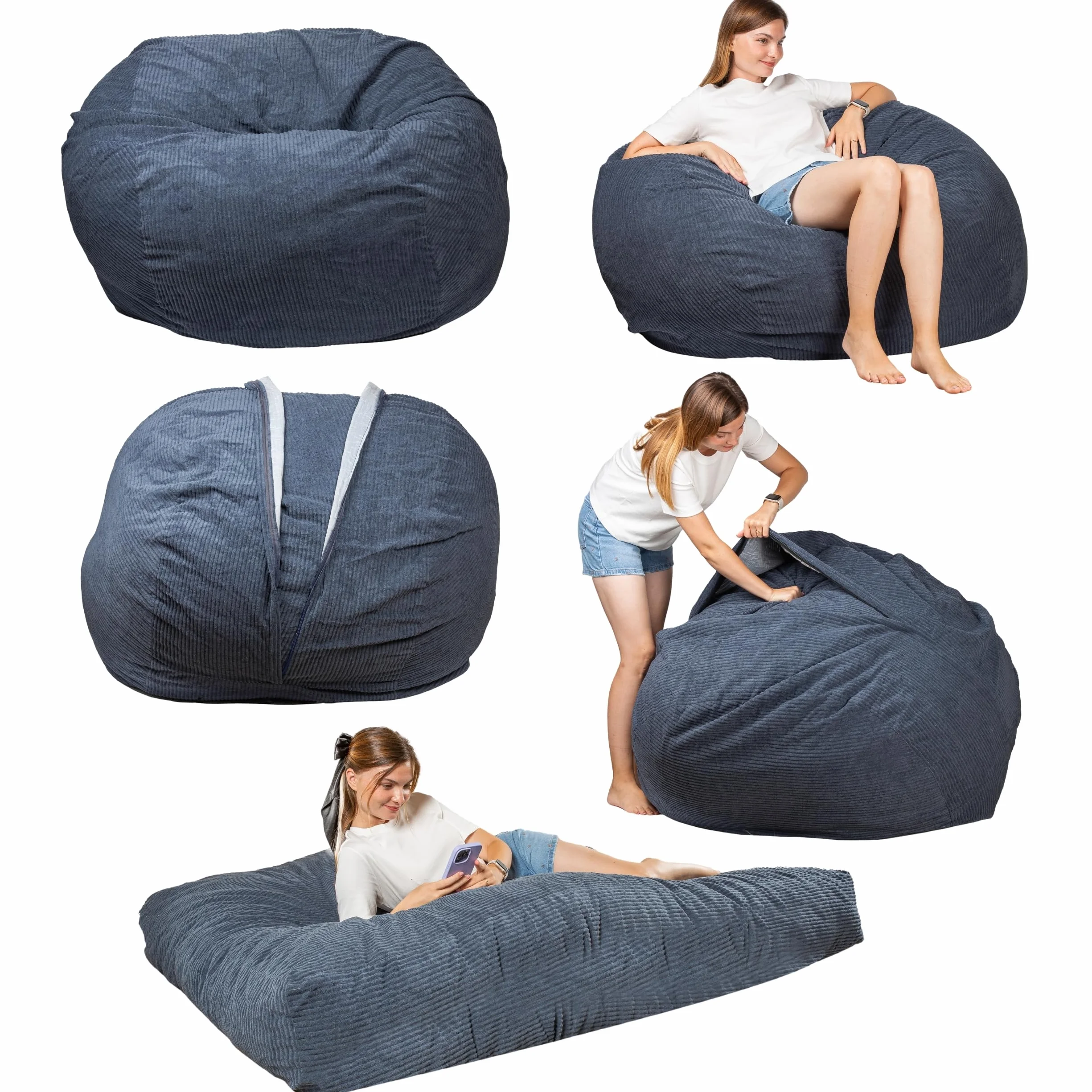 bananair - Puff Cama Gigante con Relleno de Espuma Incluído - Puff Salon Convertible en Futon/Colchón Plegable Suelo 135x185 cm - Pana Ancho, Tejido Suave y Elegante (Azul Noche)