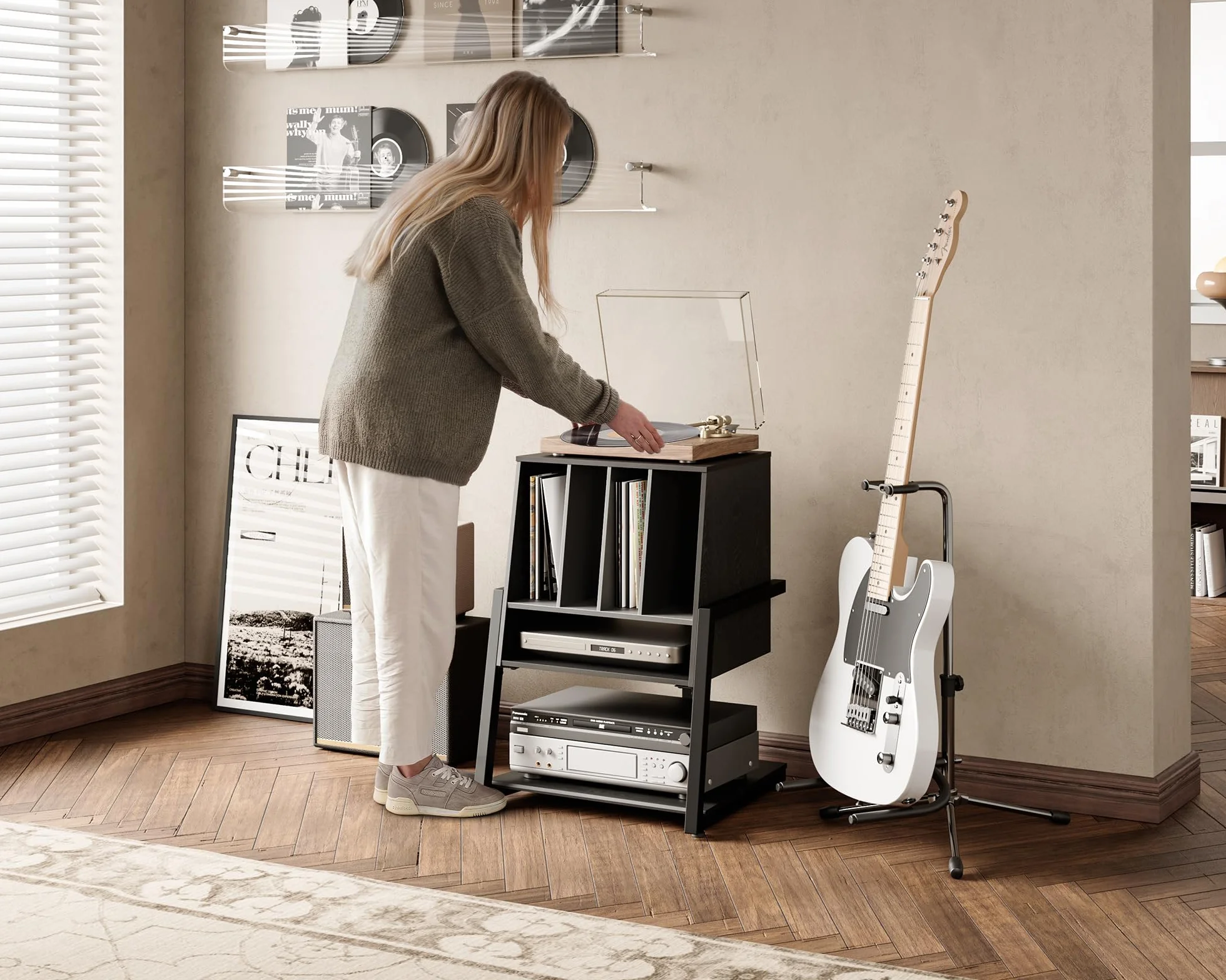 FITUEYES Mueble Tocadiscos, Mueble HiFi de Madera y Metal, Almacenamiento para 120 Discos, para Sistemas Compactos, para Salones y Salas de Música