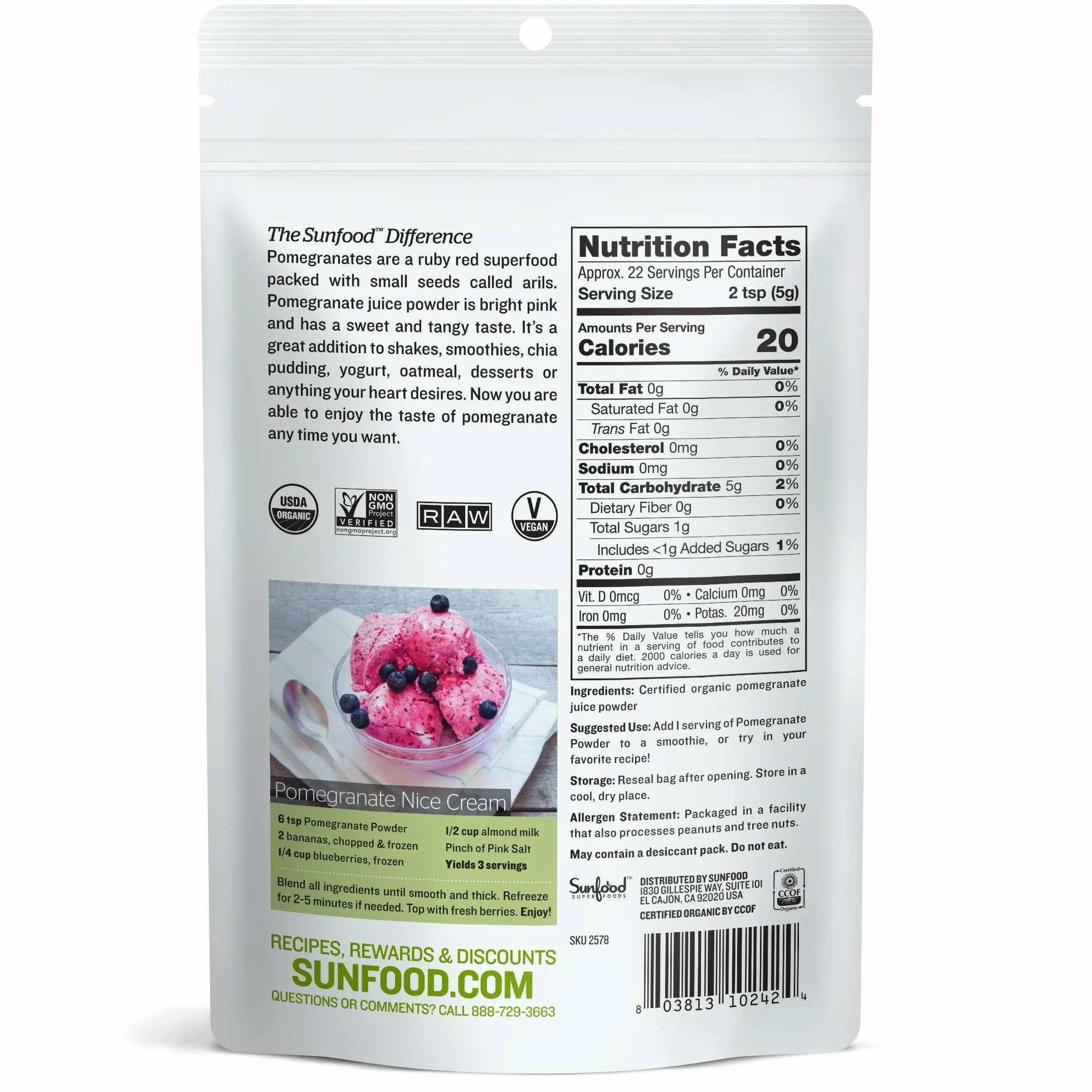 Sunfoods Polvo de Granada Orgánica Cruda, Jugo en Polvo, Extracto Seco, Sin Azúcar, Vegano, 4 oz