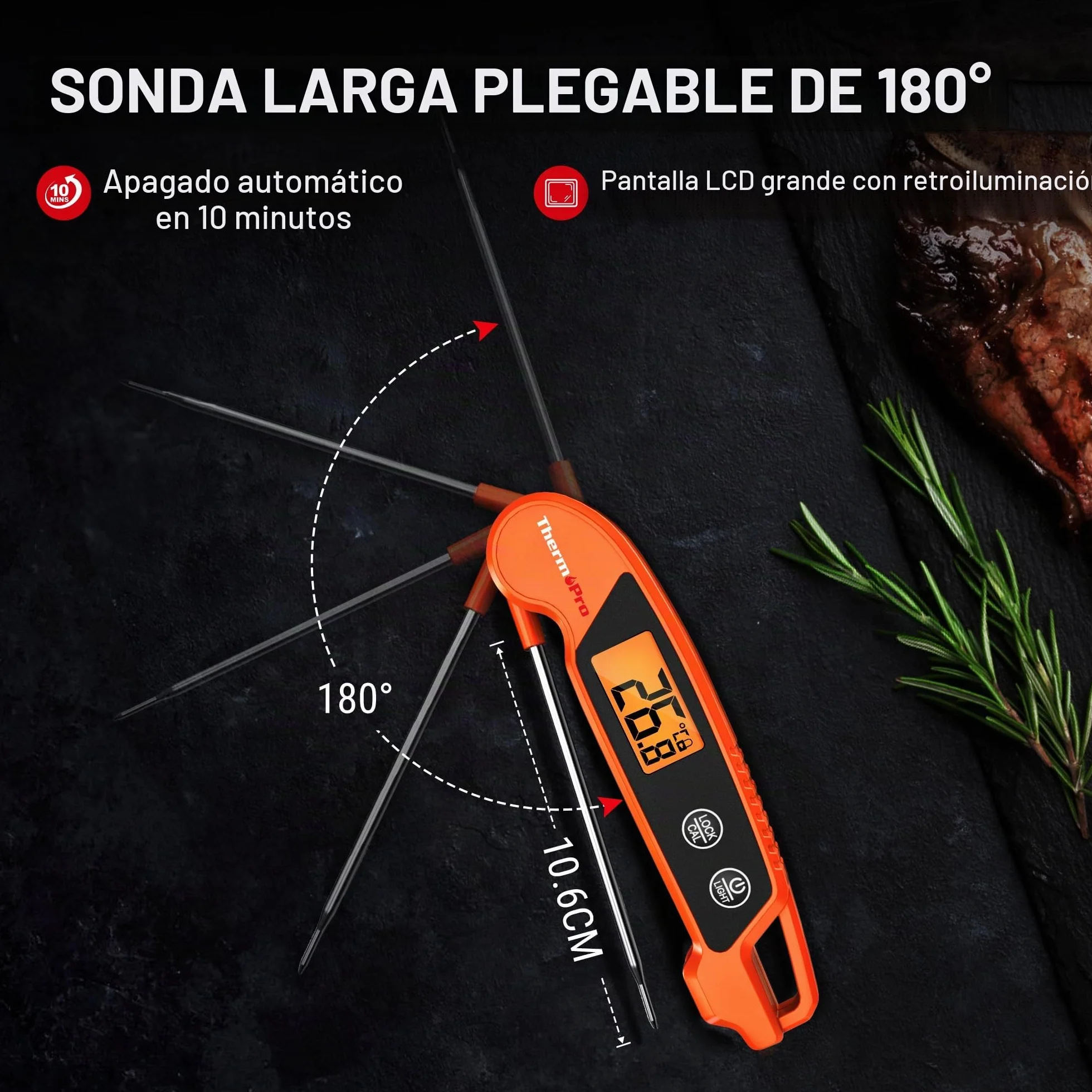 ThermoPro TP603 Termómetro de Cocina Digital, Termómetro Carne Lectura Instantánea, IPX6 Impermeable, Pantalla LCD Retroiluminada, Sonda Plegable para BBQ, Parrilla, Horno, Aceite, Caramelo(Naranja) | Termómetro de cocina LCD de lectura inmediata con retr