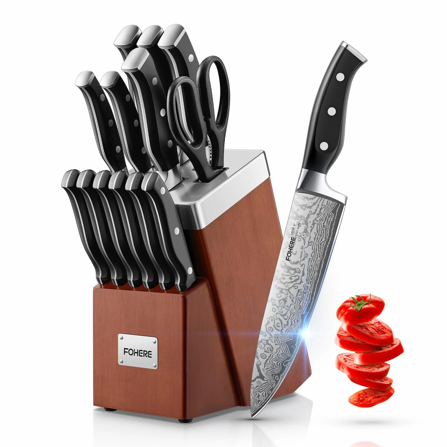 FOHERE Juegos de Cuchillos de Cocina con Auto-afilables, 14 Piezas, Bloque de Cuchillos con Mango Ergonómico y Acero Inoxidable, Bloque de Madera