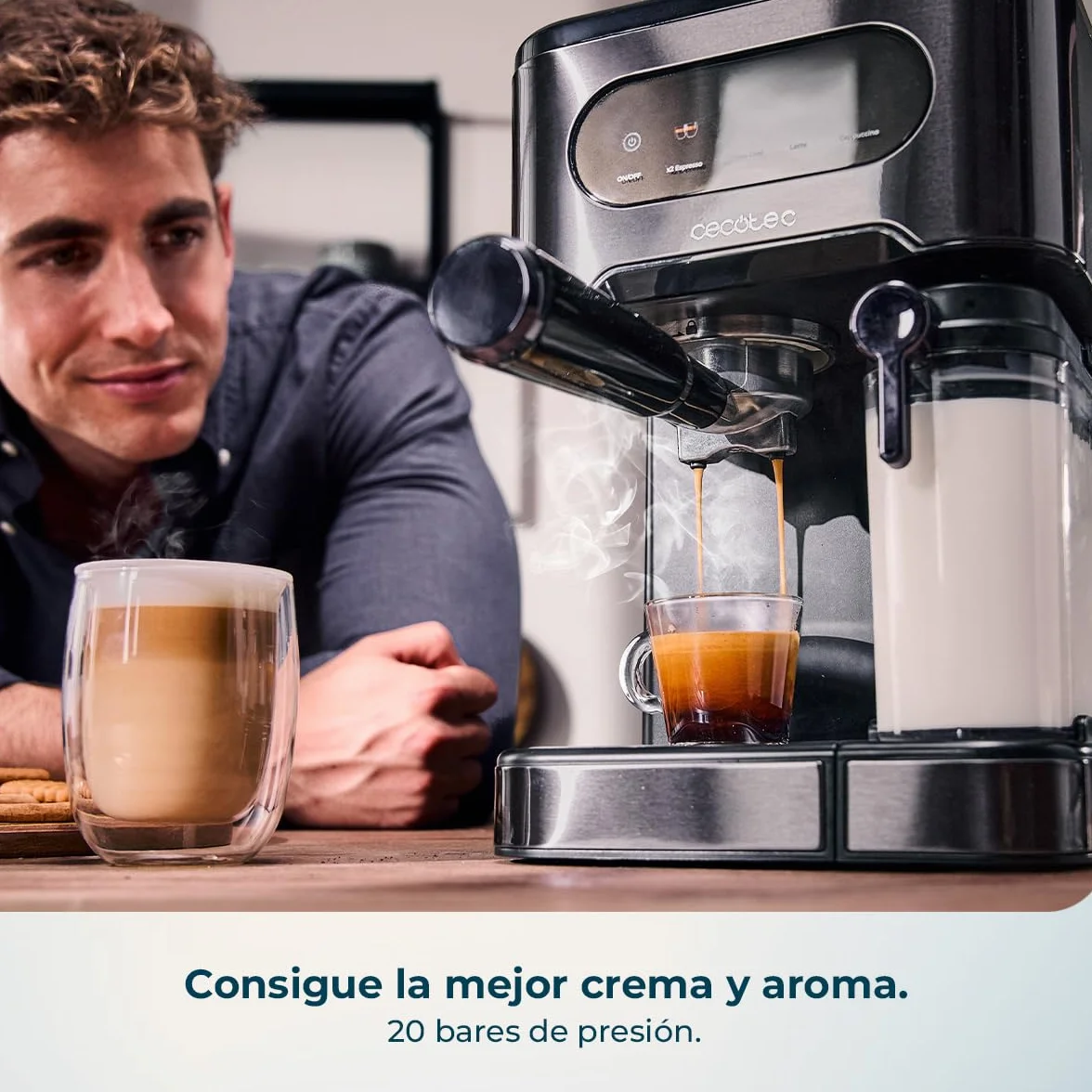 Cecotec Cafetera Express Semiautomáticas Power Espresso 20 ColdBrew Latte. 1350W, 20 Bares, Frío, Templado o Caliente, Pantalla Táctil, 1.5L Depósito Agua y 500ml Leche, Calientatazas, Doble Brazo
